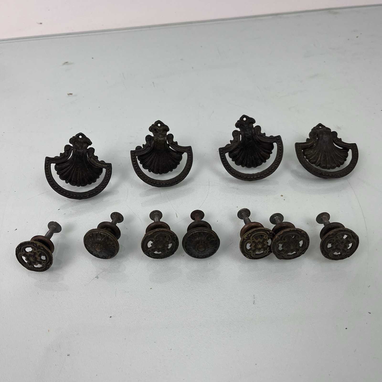 Vintage Victorian Art Nouveau Aged Brass Drawer Drop Pull Shell w/ Knobs LOT