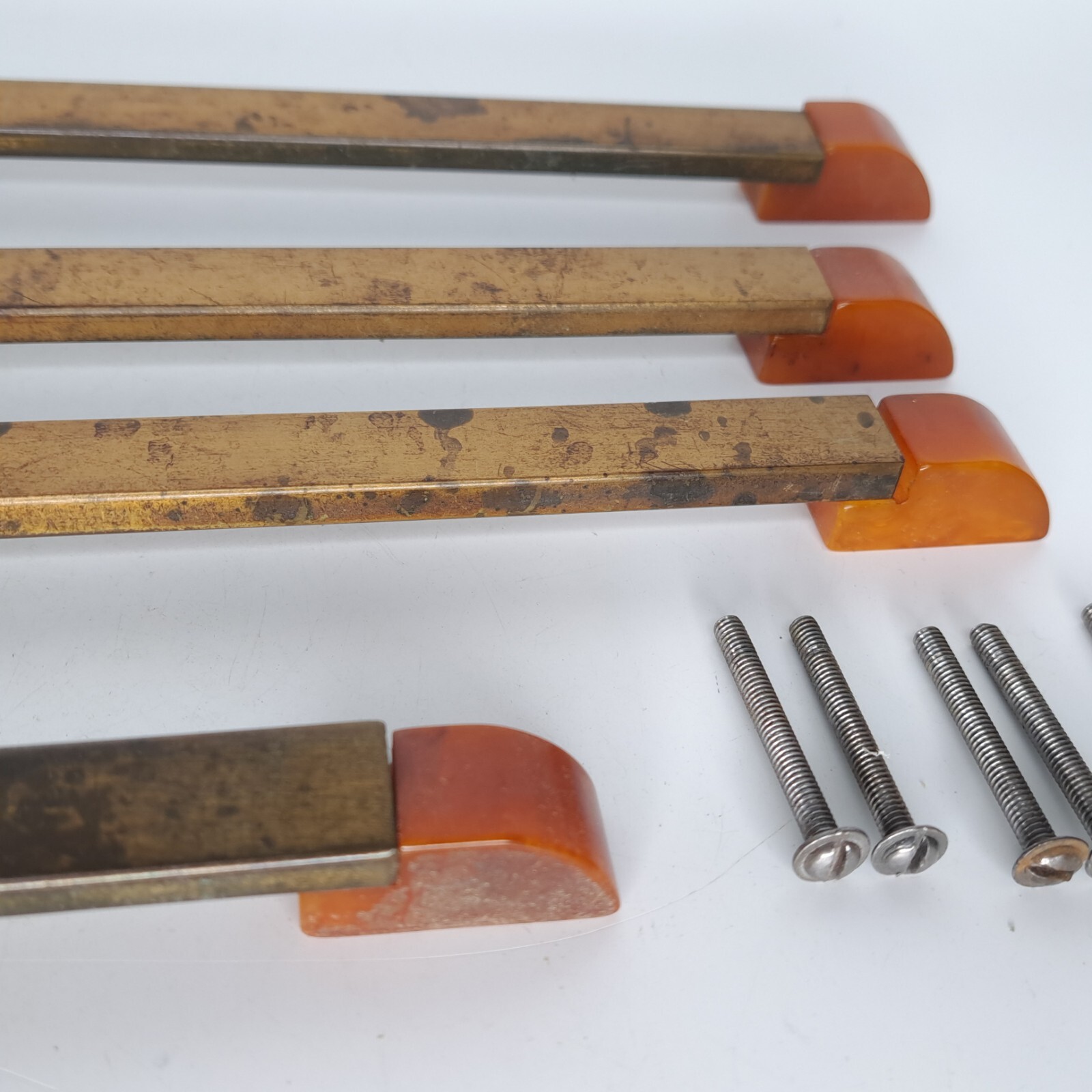 4 Antique ART DECO Butterscotch Bakelite Brass Plated Bar Drawer Pulls Reclaimed