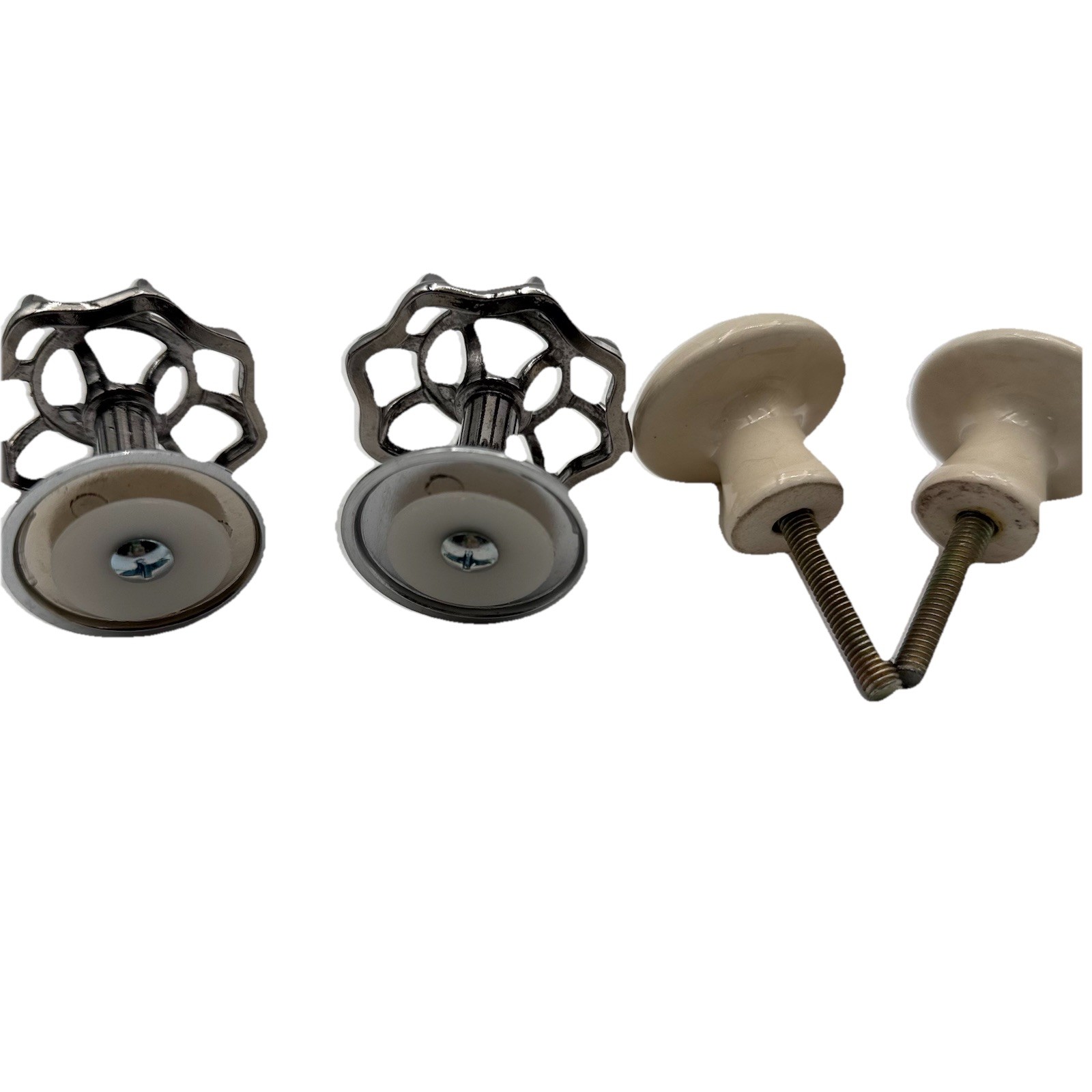 Set Of 4 Beige Ceramic And Silver Metal Drawer Pulls