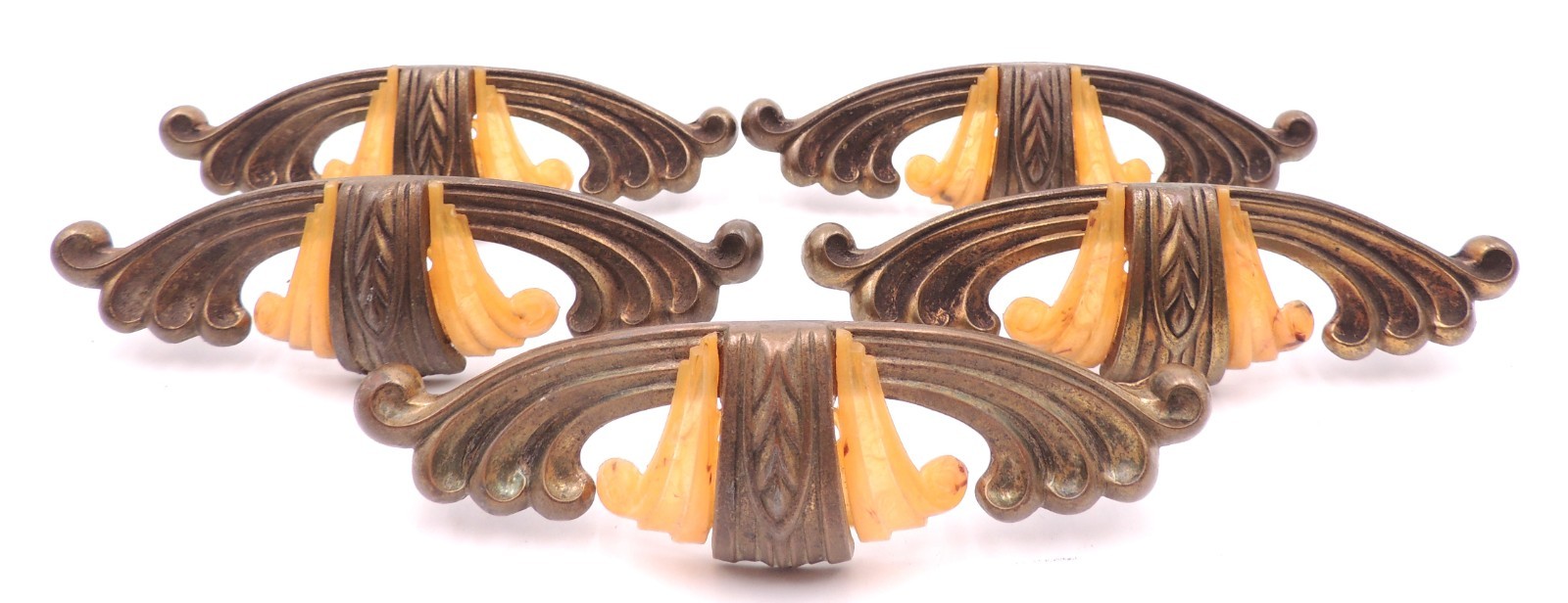 5 Art Deco Drawer Pull w/ Bakelite Vintage Knob Brasstone Waterfall Handle Set