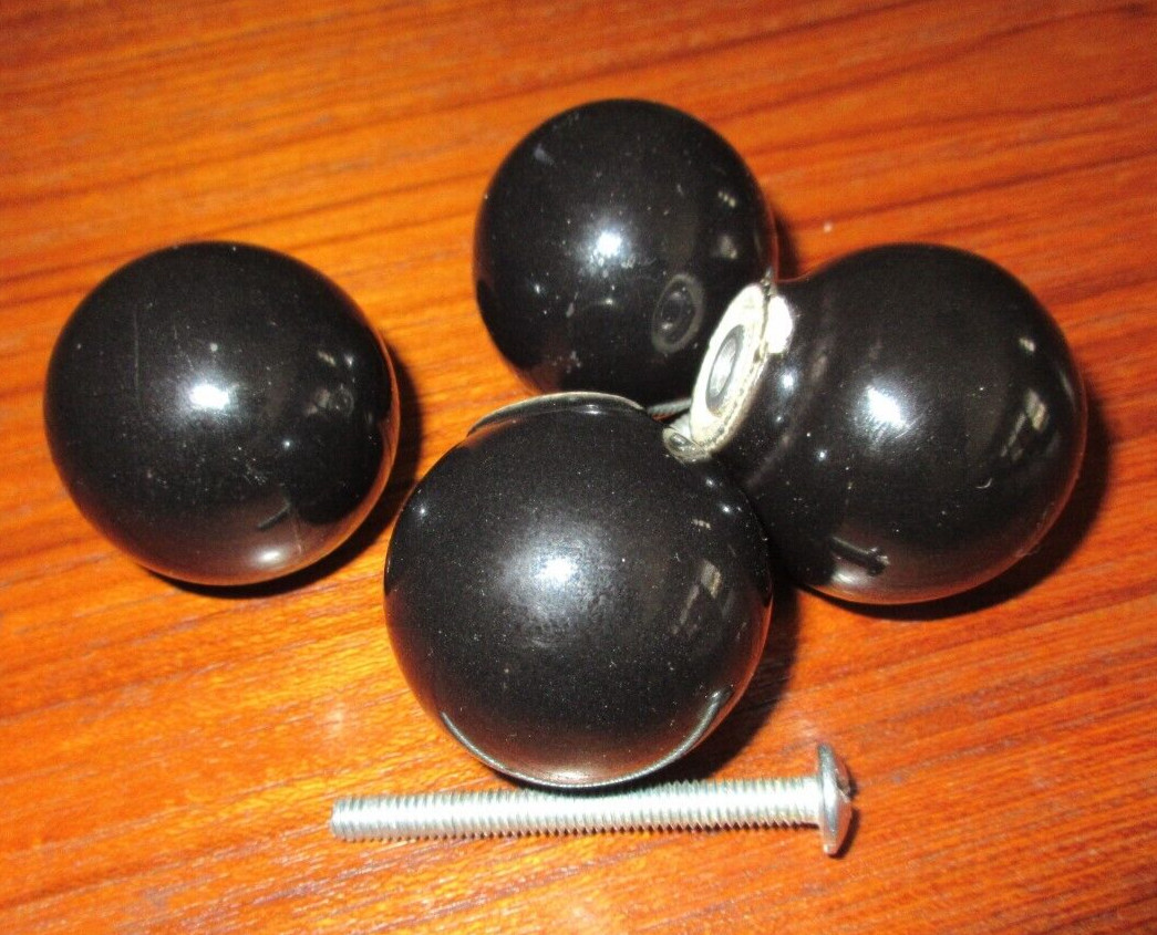 Vintage Retro MCM set of Four 1 1/4″ Round Ceramic Black Ball door drawer knobs