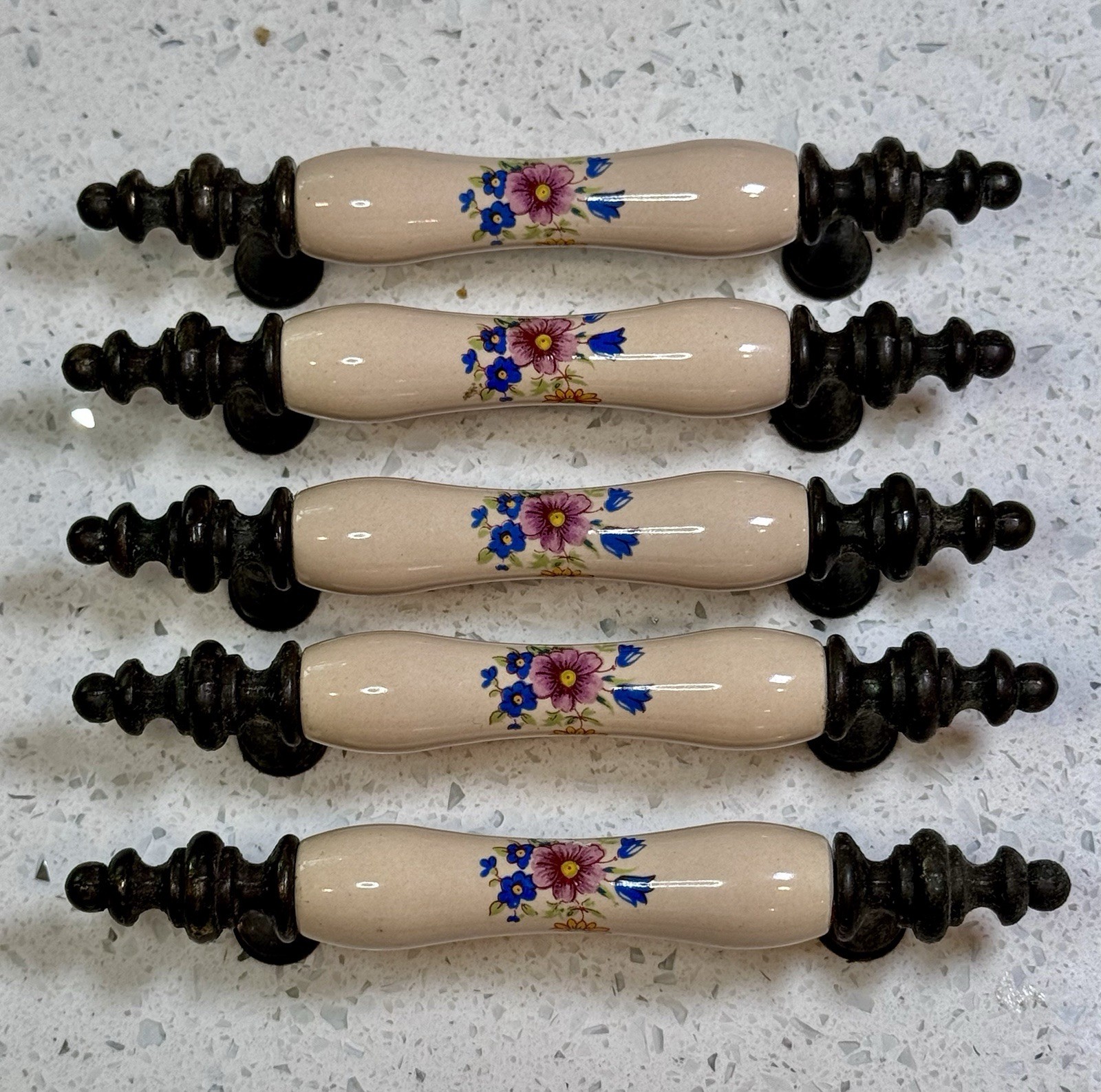 1960’s Vintage Antique Brass Ceramic Floral Drawer Cabinet Pull Handle Set of 28