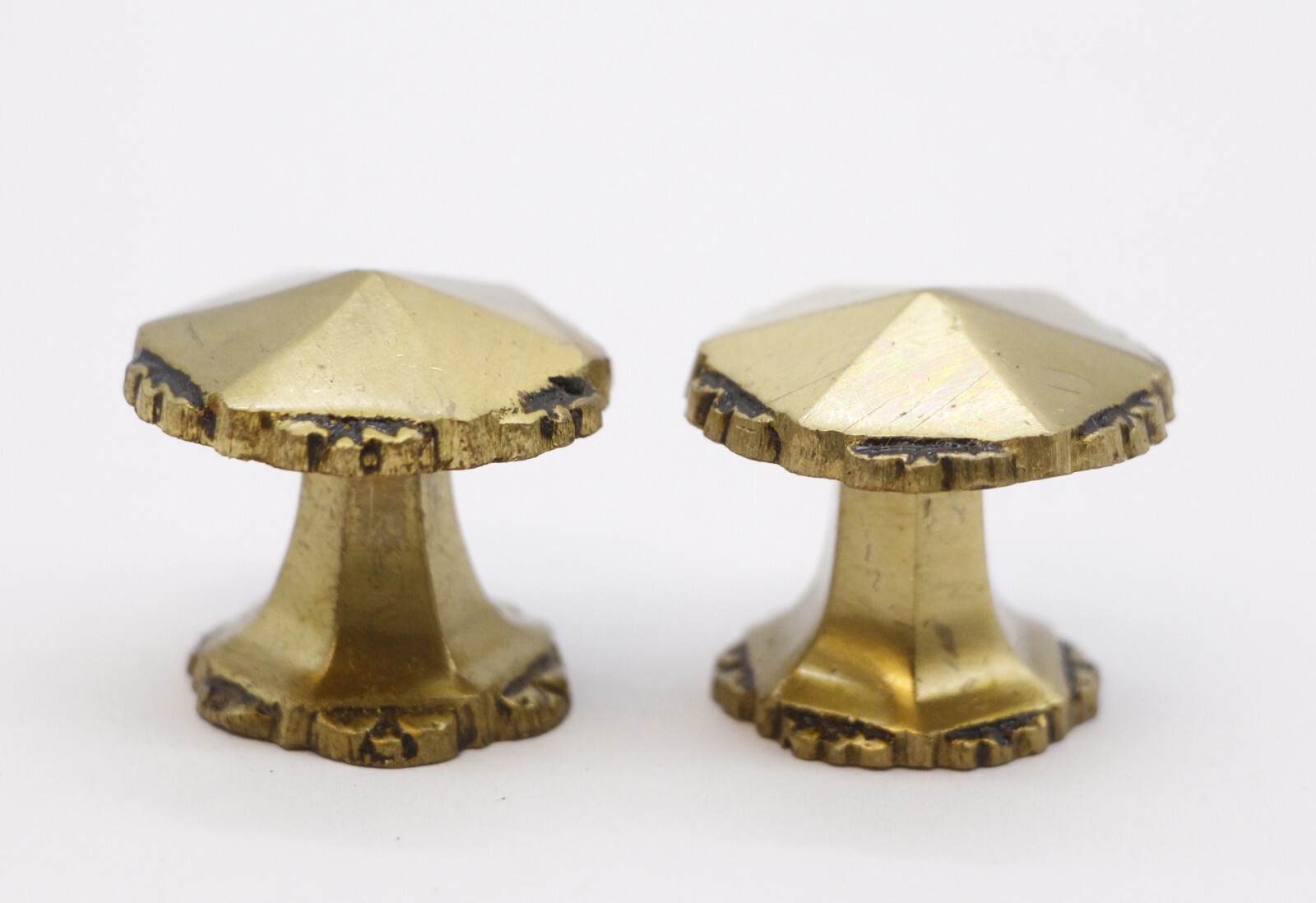 Pair of Vintage 1 in. Hexagon Scalloped Brass Cabinet Drawer Knobs