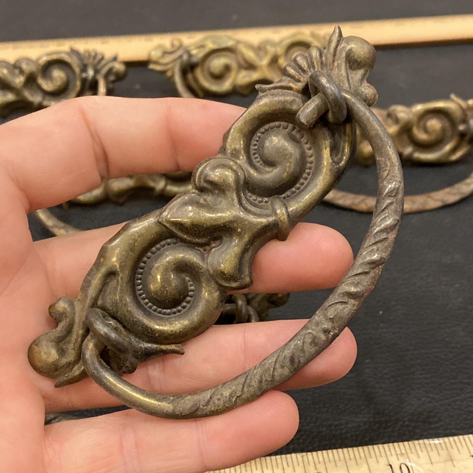 8 Antique Drop Bail Pulls Ornate Nouveau Scroll Fleur De Lis French Lily Flower