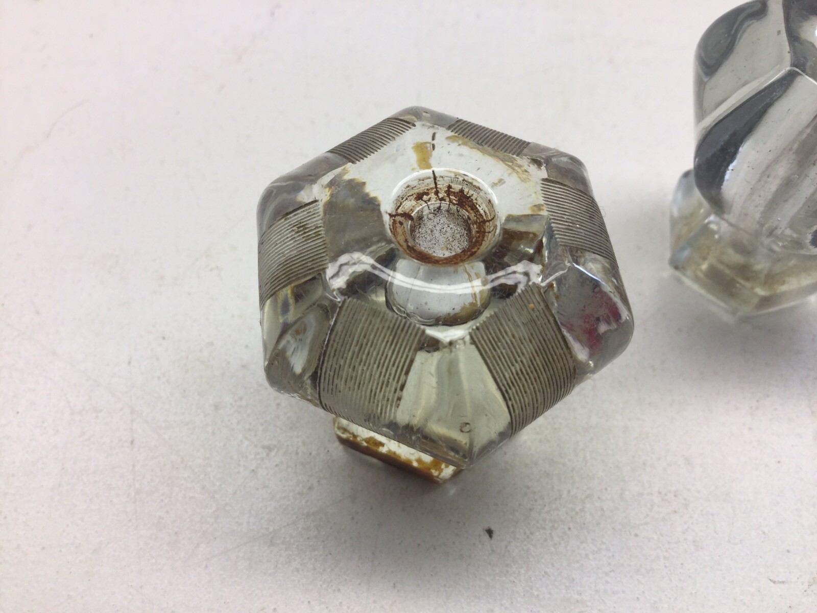 3 Vintage Hexagon Glass Knob Drawer Pulls One Etched