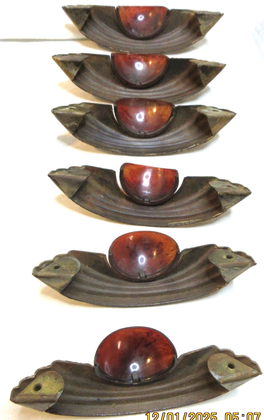 RARE~ART DECO BUREAU DRAWER PULLS~ SIX(6) METAL AND LUCITE IN AN OLD CIGAR BOX