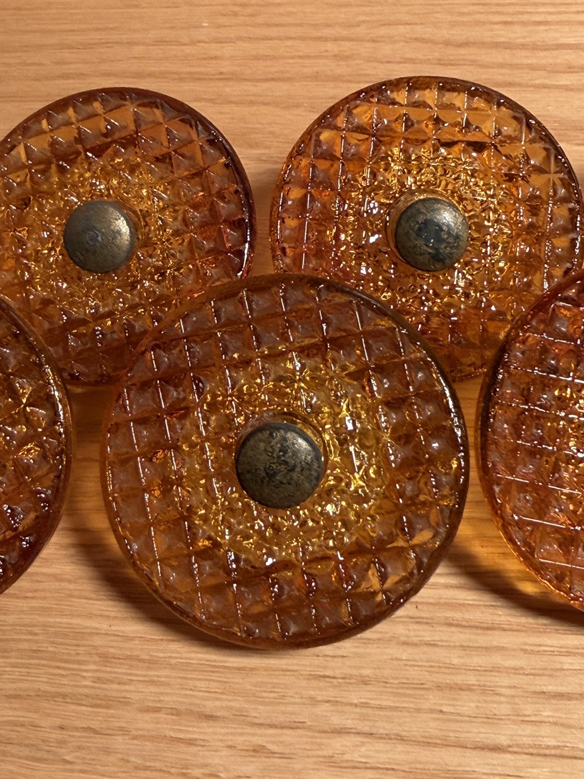 Art Deco Amber Glass Waffle Textured Large Drawer Pulls Set of 6