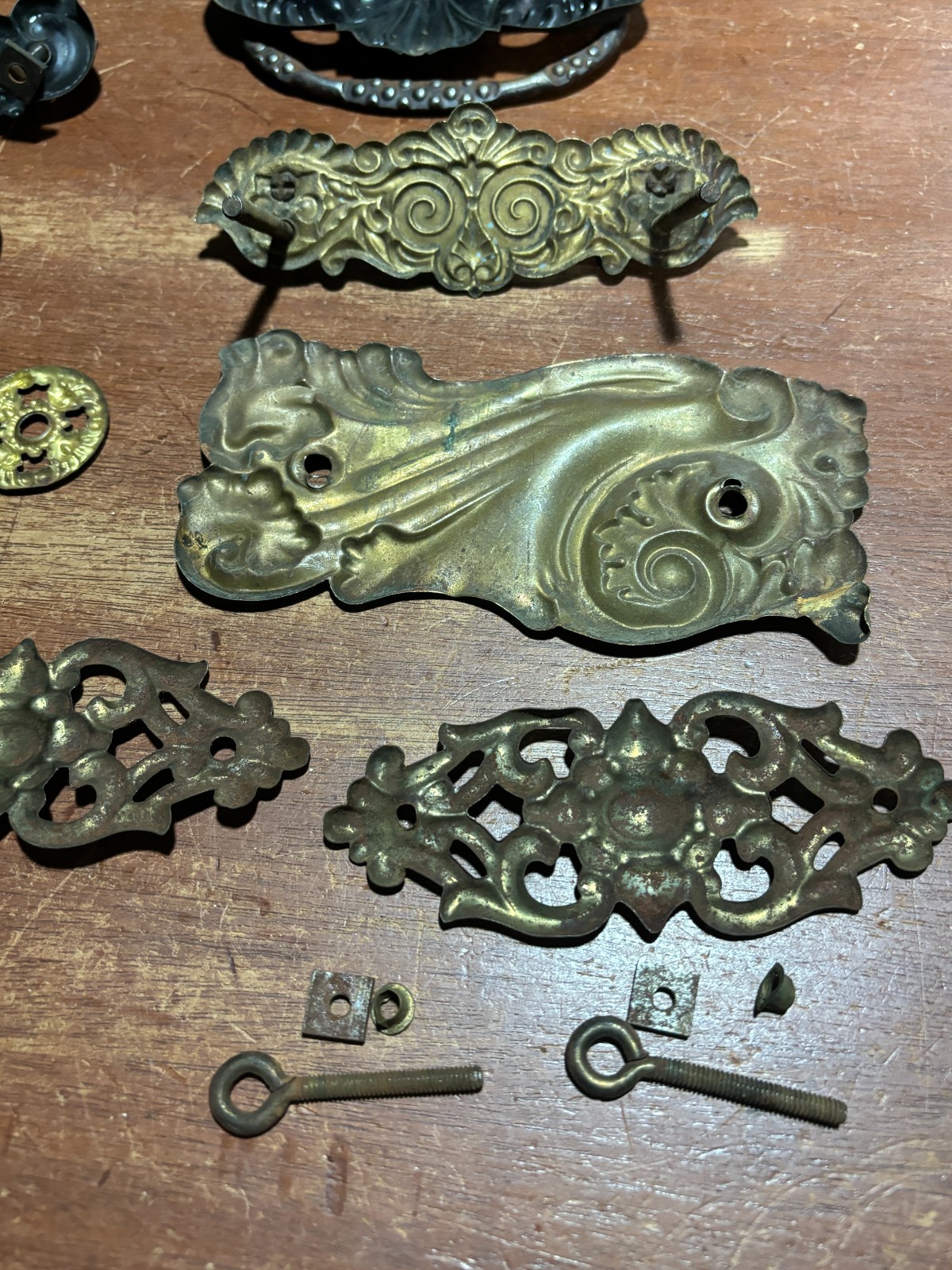 Lot of 9 Mixed Ornate Vintage Pressed Metal Drawer Backplates one with Pull