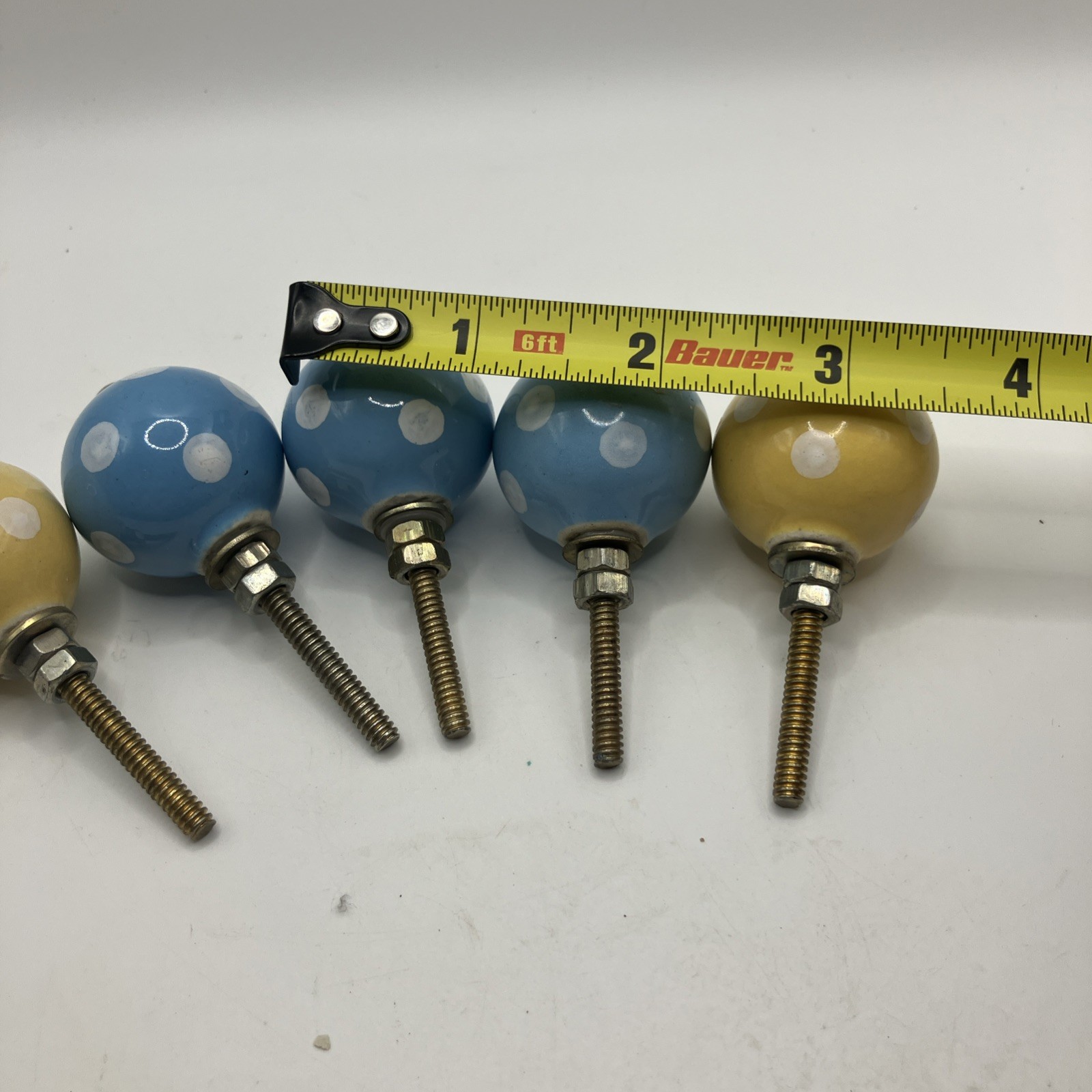 Vtg Ceramic Spotted Drawer Pulls, 3 Blue/2 Yellow