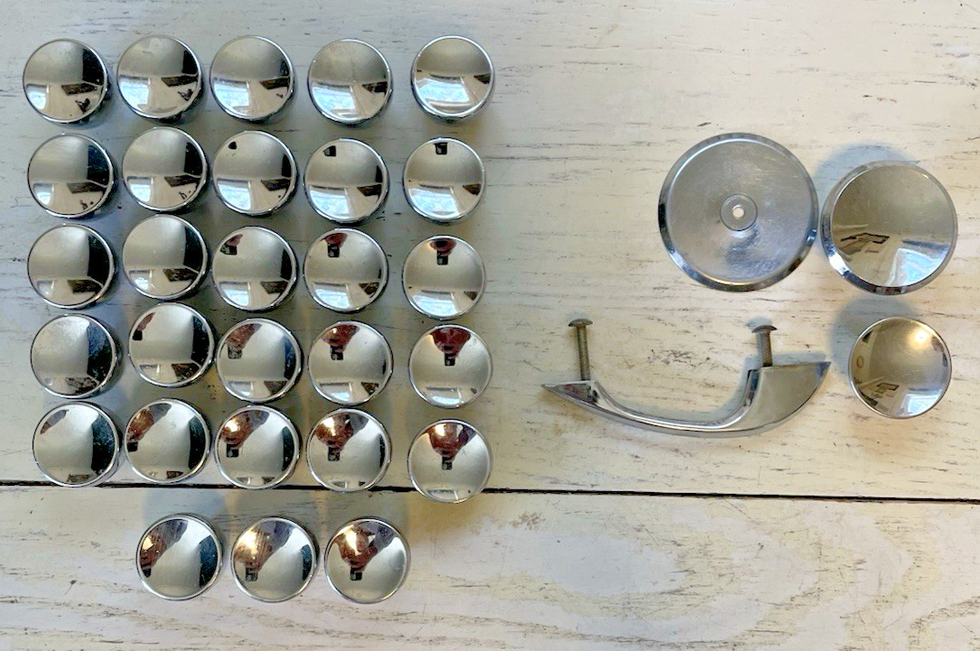 Ajax Chrome Vintage Knobs & Handle Large Lot Cupboard Drawer Cabinet MCM 31 USA