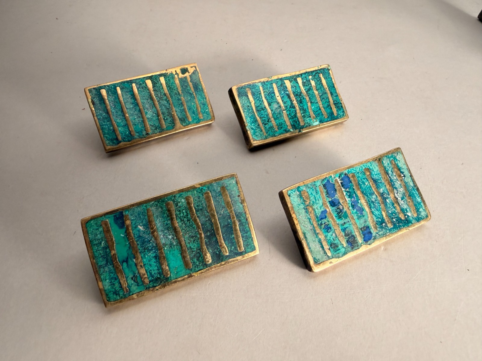 VINTAGE PEPE MENDOZA MID CENTURY MODERN 1958 4 DRAWER PULLS -MALACHITE AND BRASS