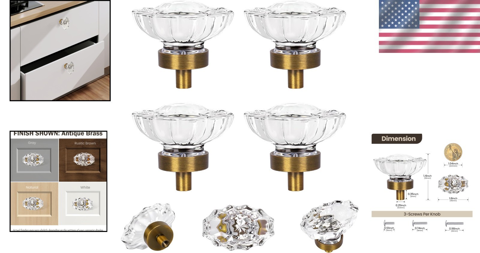 Vintage Antique Brass Crystal Drawer Knobs – 4 Pack