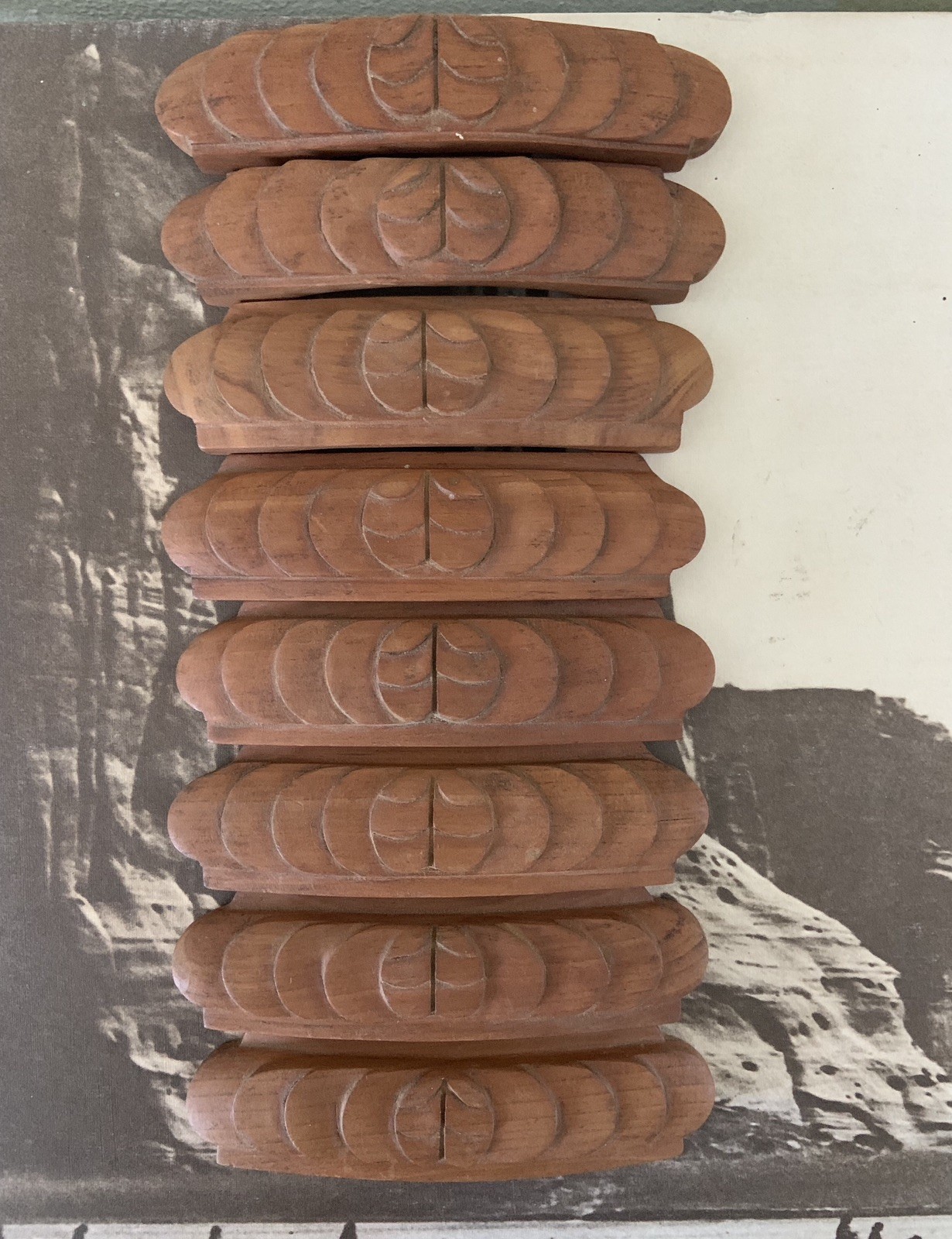 Vintage DRAWER PULLS Folk Art Country (8) Hand Carved Hard Wood 5-3/4” X 1-1/2”