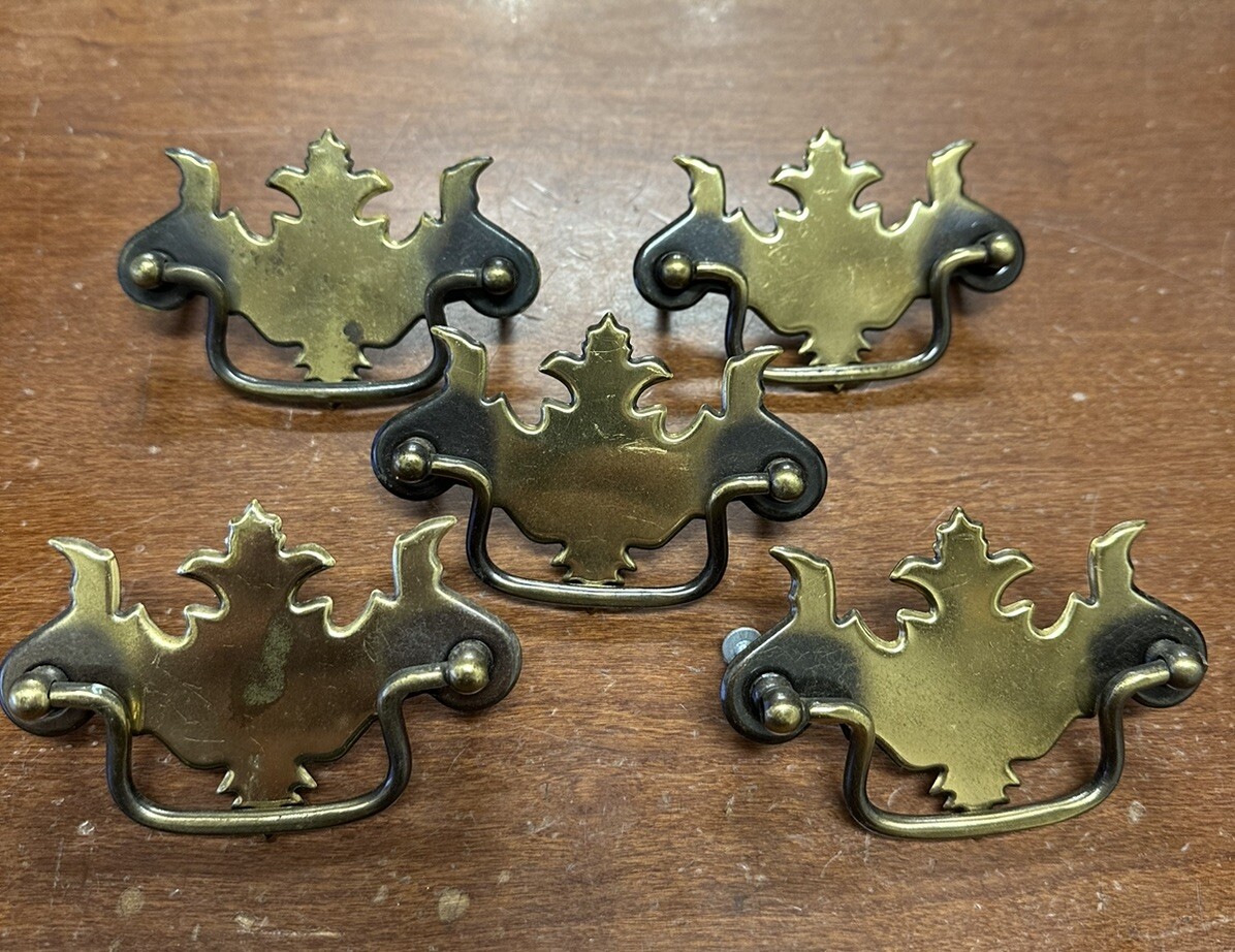 Vtg Chippendale Batwing Brass Toned Pressed Steel Cabinet Pulls 3″ Center Set 5