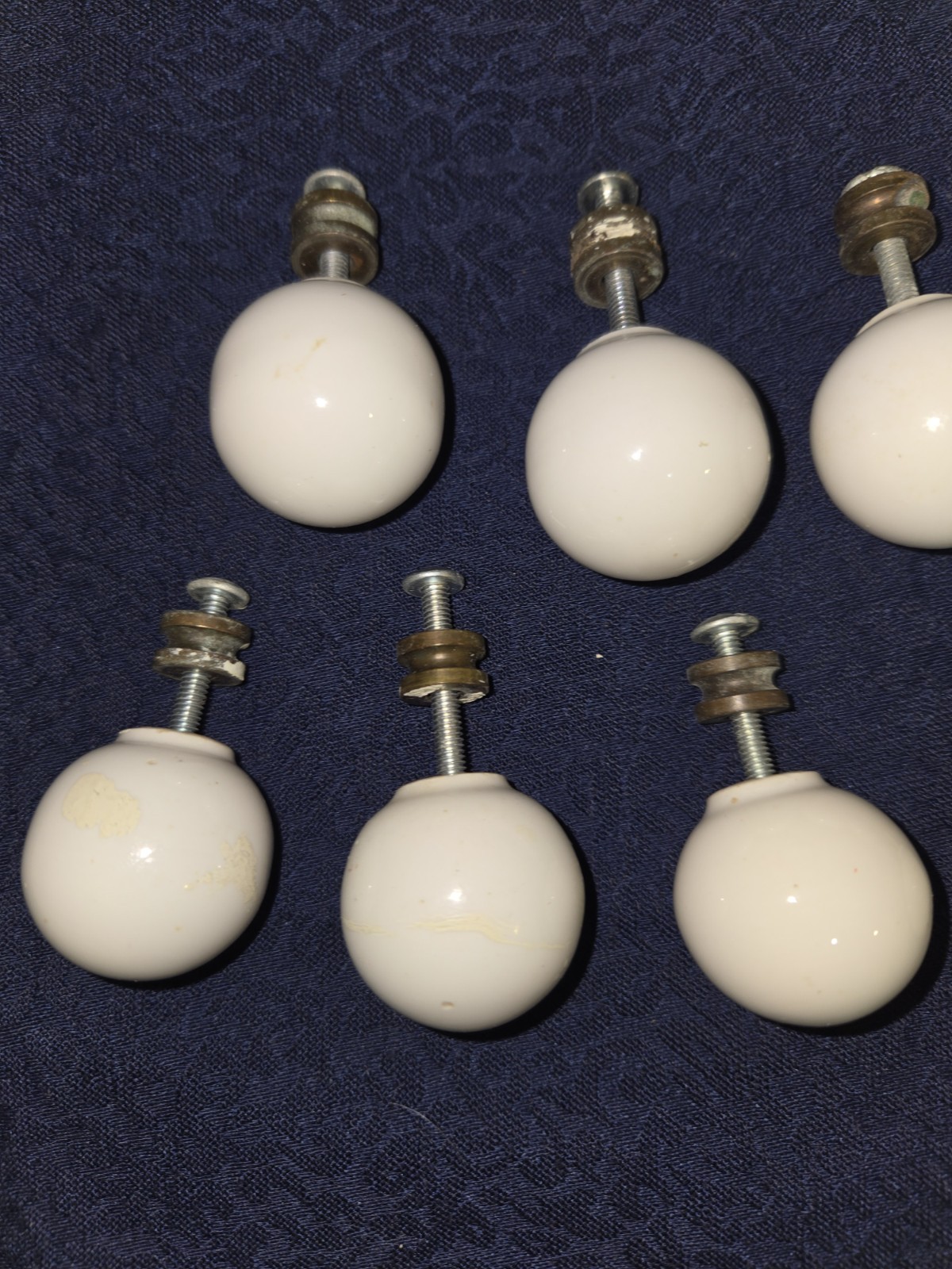 Vintage Porcelain & Brass 1-1/4″ White Round Ball Cabinet Door Drawer Pulls