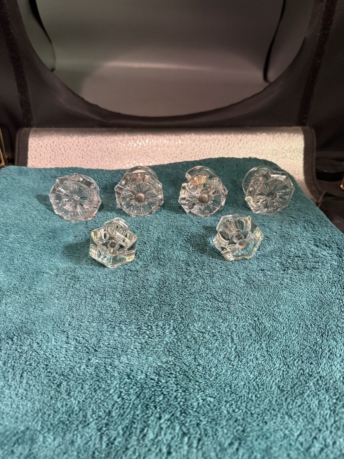 6 small Vintage Clear Glass Cabinet Pulls Knobs Antique 2 Hexagon 4 Octagon