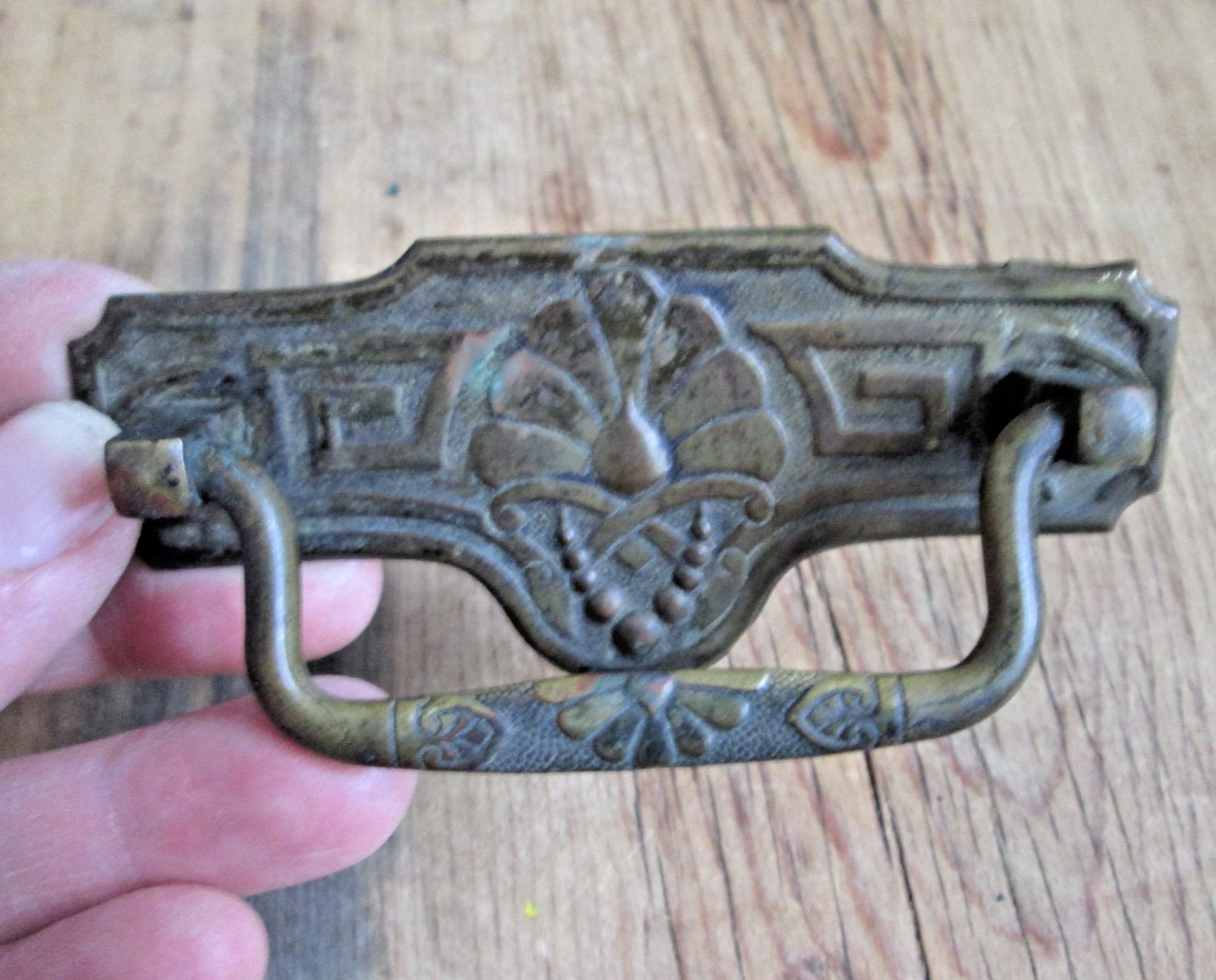 Vintage Drawer Pull Drop Bail Antique Brass Pull Cabinet Acorn Floral Pressed