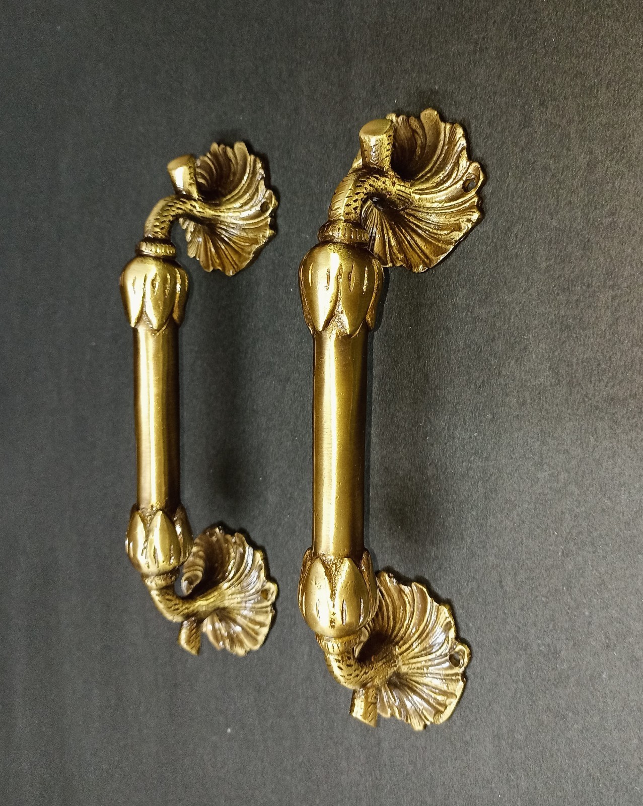 Lacquered Brass Flower Base Door Pull Floral with Twigs Design Handle Pair GTX