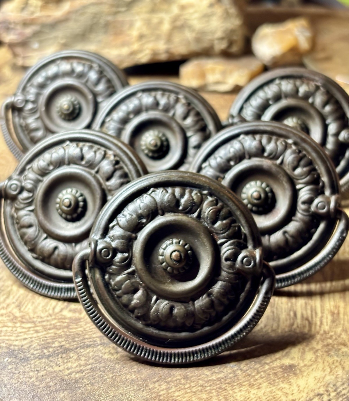 Antique Late Victorian Stamped Brass Ring Pulls Set of 6, Single Hole C. 1880