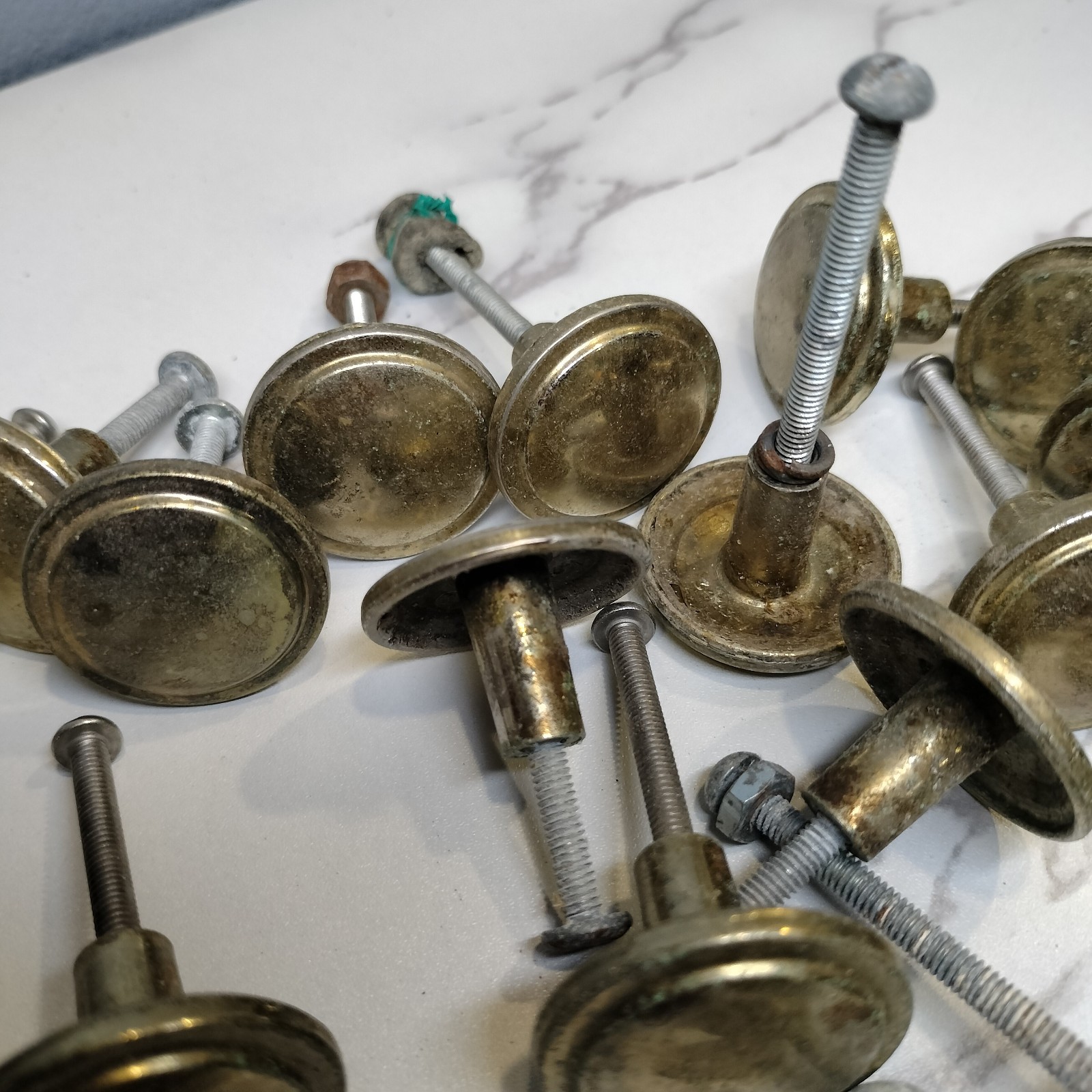 Antique style Brass Round Top Button Style Door/Drawer Knob Pulls Lot Of 27 USED