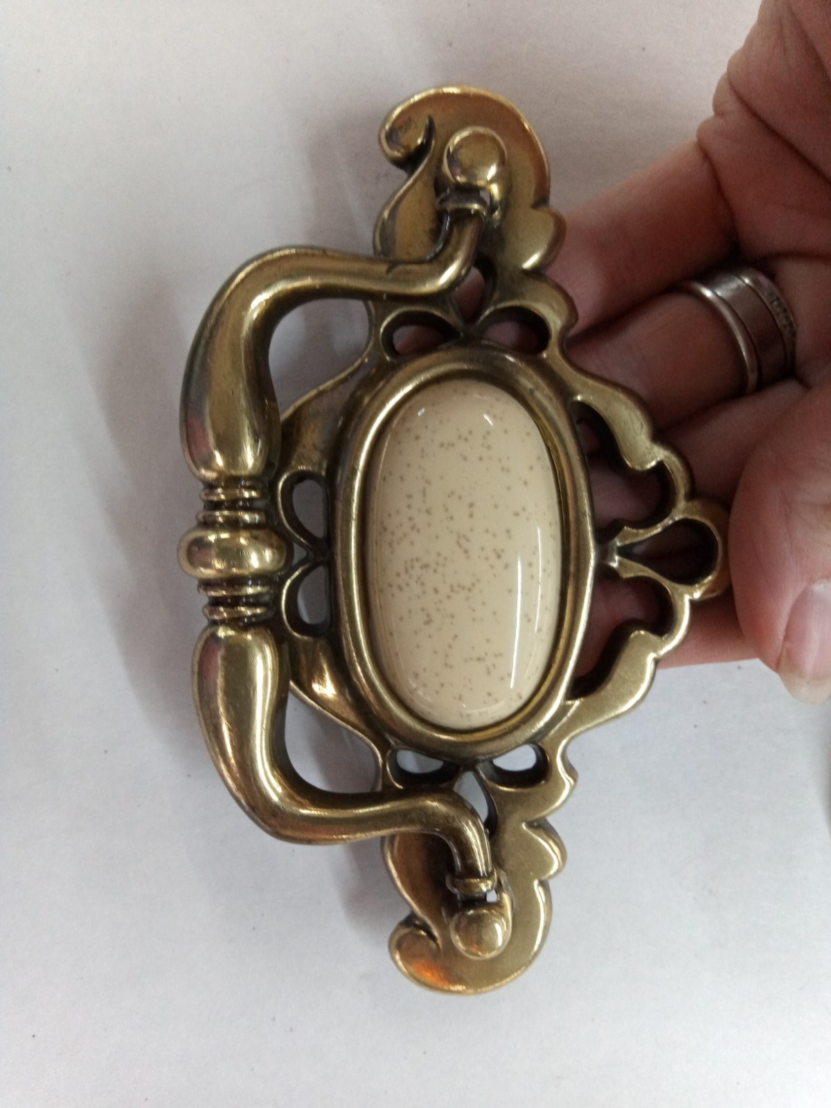 Pair Of 2 Bronze Tone Vintage Drawer Pulls With Speckled Cream Ceramic Inserts