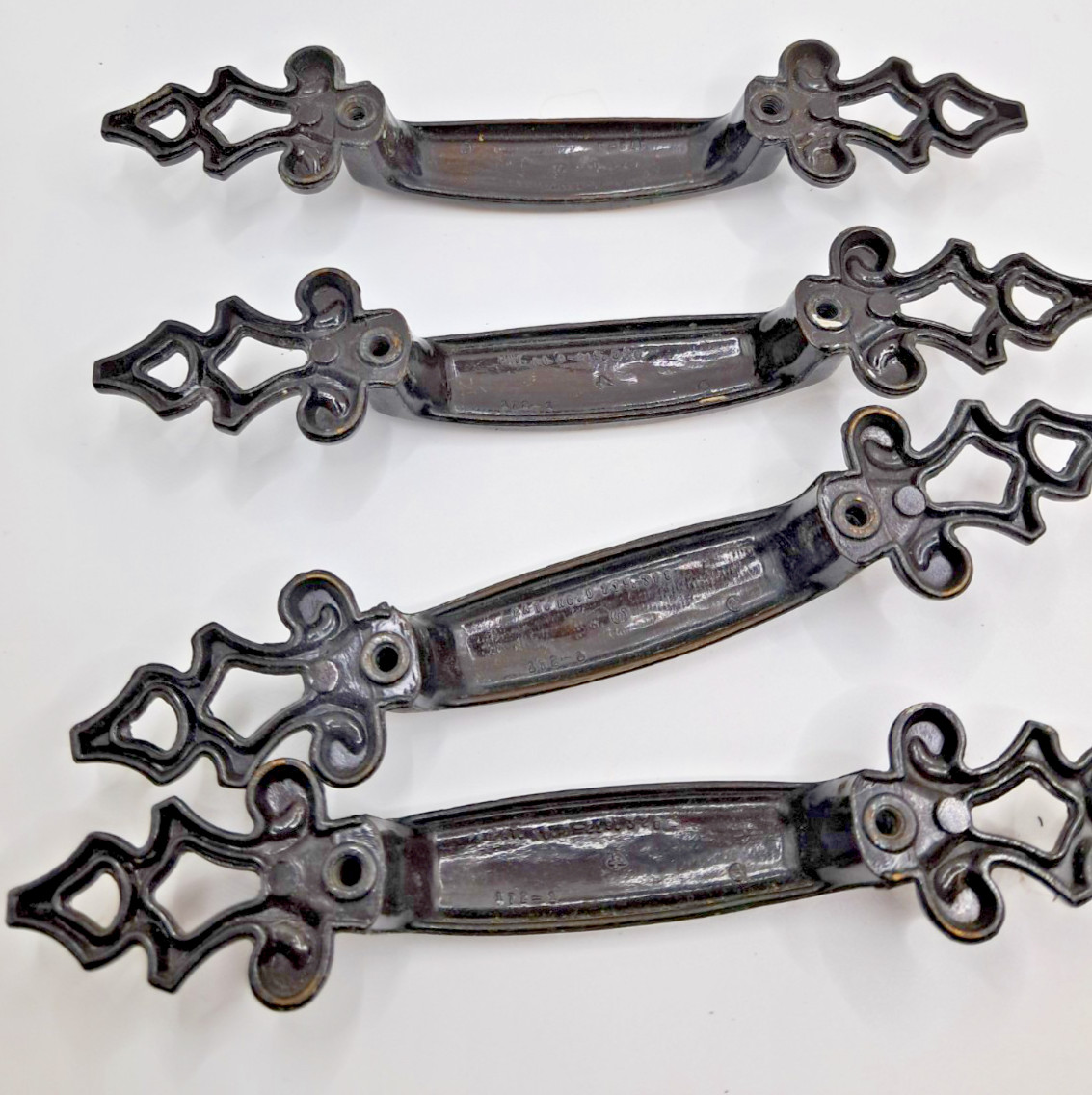 4 Vtg Spanish Gothic Brass Drawer Cabinet Pulls 3″ Hole 6.5″ L Pat D-219328