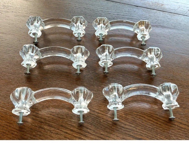 Hexagon Curved Clear Glass Drawer Handles Pulls 3” Centers Screws Set of 6 New