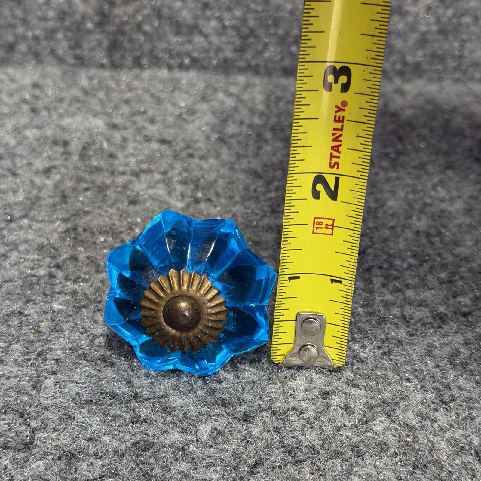 Vintage Brass Floral Aqua Blue Cut Glass Drawer Knob Handle Pull Handmade 2pcs