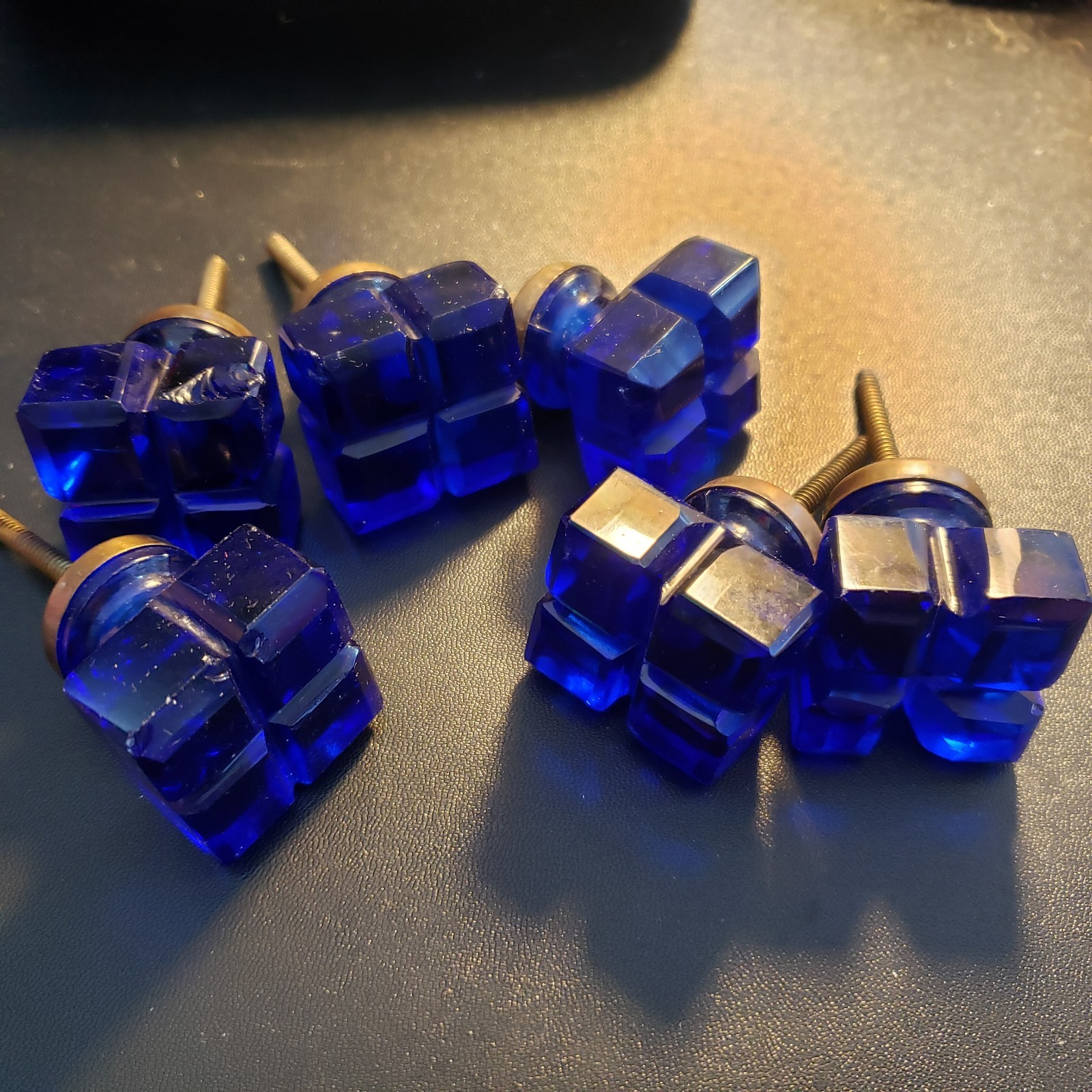 Vintage Cobalt Blue Cut Glass Square Drawer Knobs Pulls Brass Lot of 6