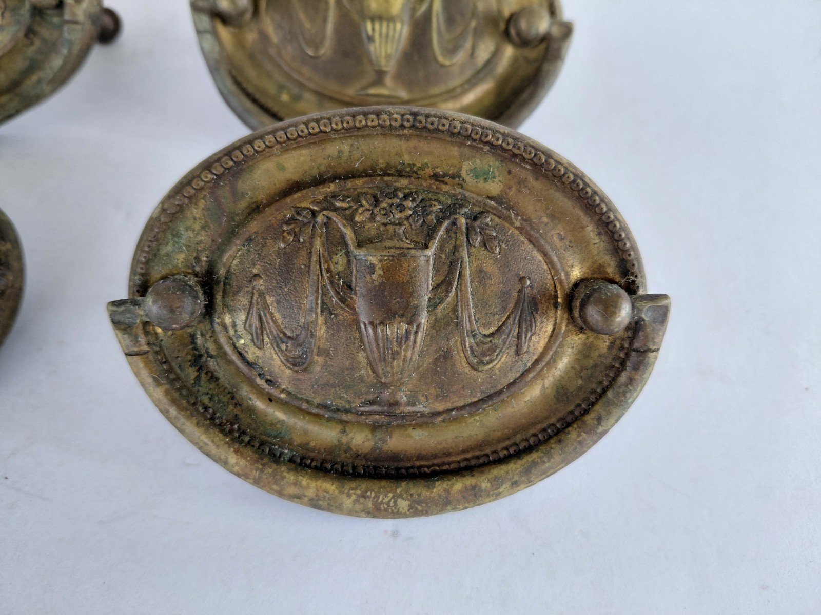 6 Vintage Oval Victorian Drop Bail Pull Brass Stamped 3″ Urn Trophy