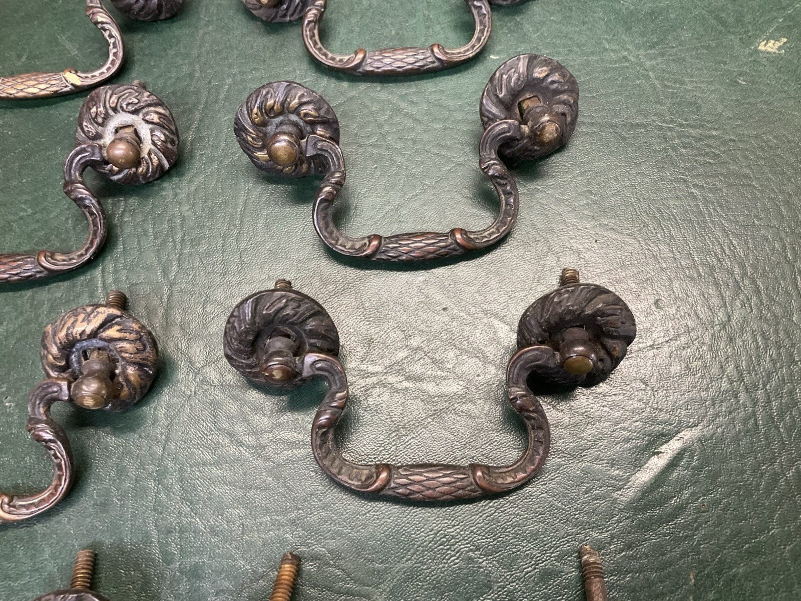 Set of 10 Antique Period Ornate Brass Drop Drawer Pulls Handles