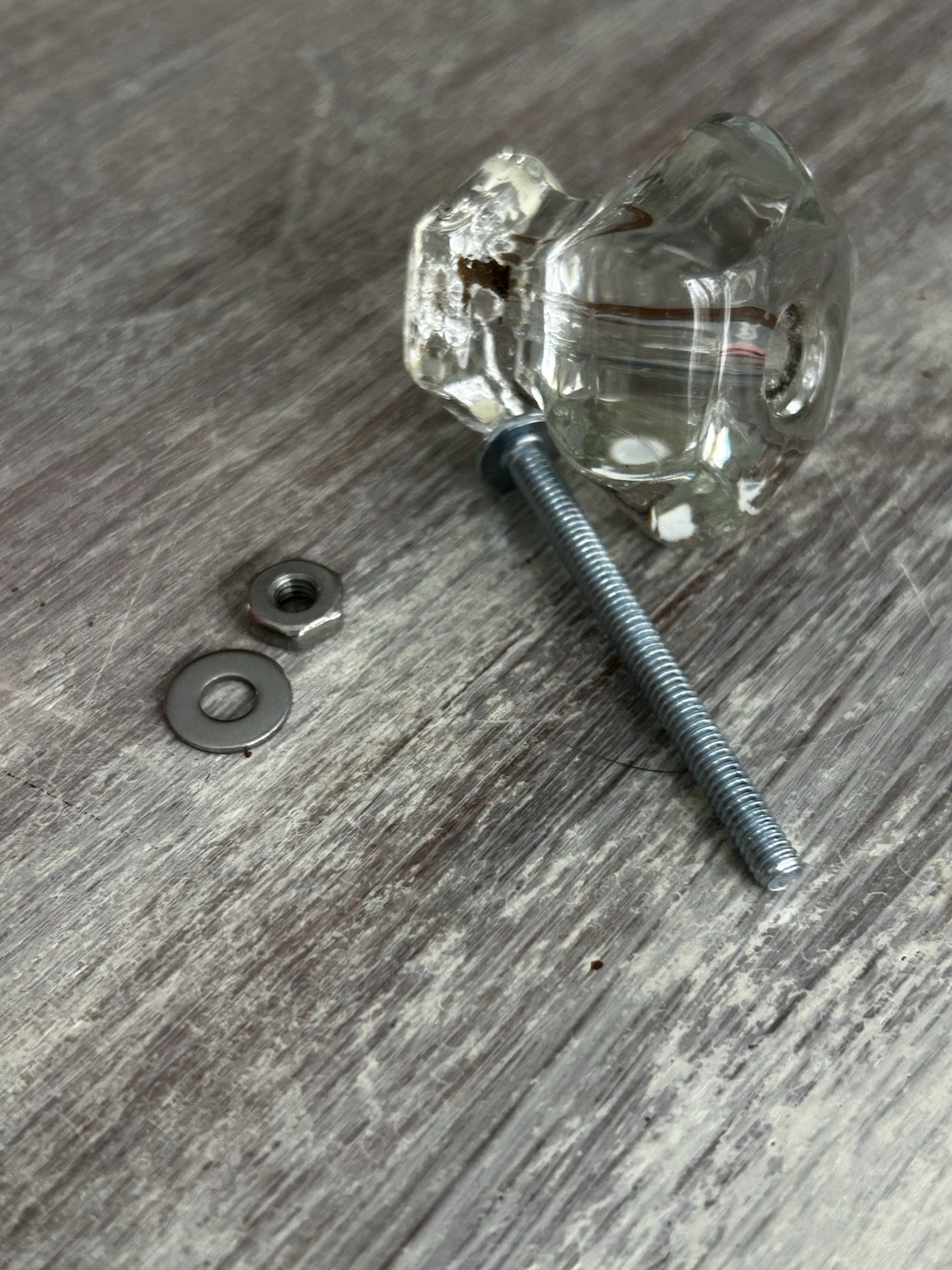 Antique Glass Drawer Knob Hexagon 1.5″ Diameter Has New Hardware (1a)