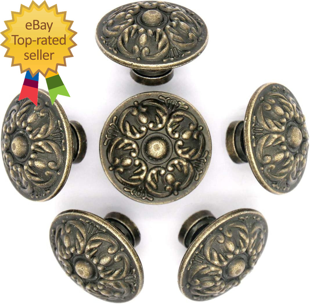 6 Pcs Vintage Antique Brass Knobs Handles Pulls with Flower Pattern for Cabinet
