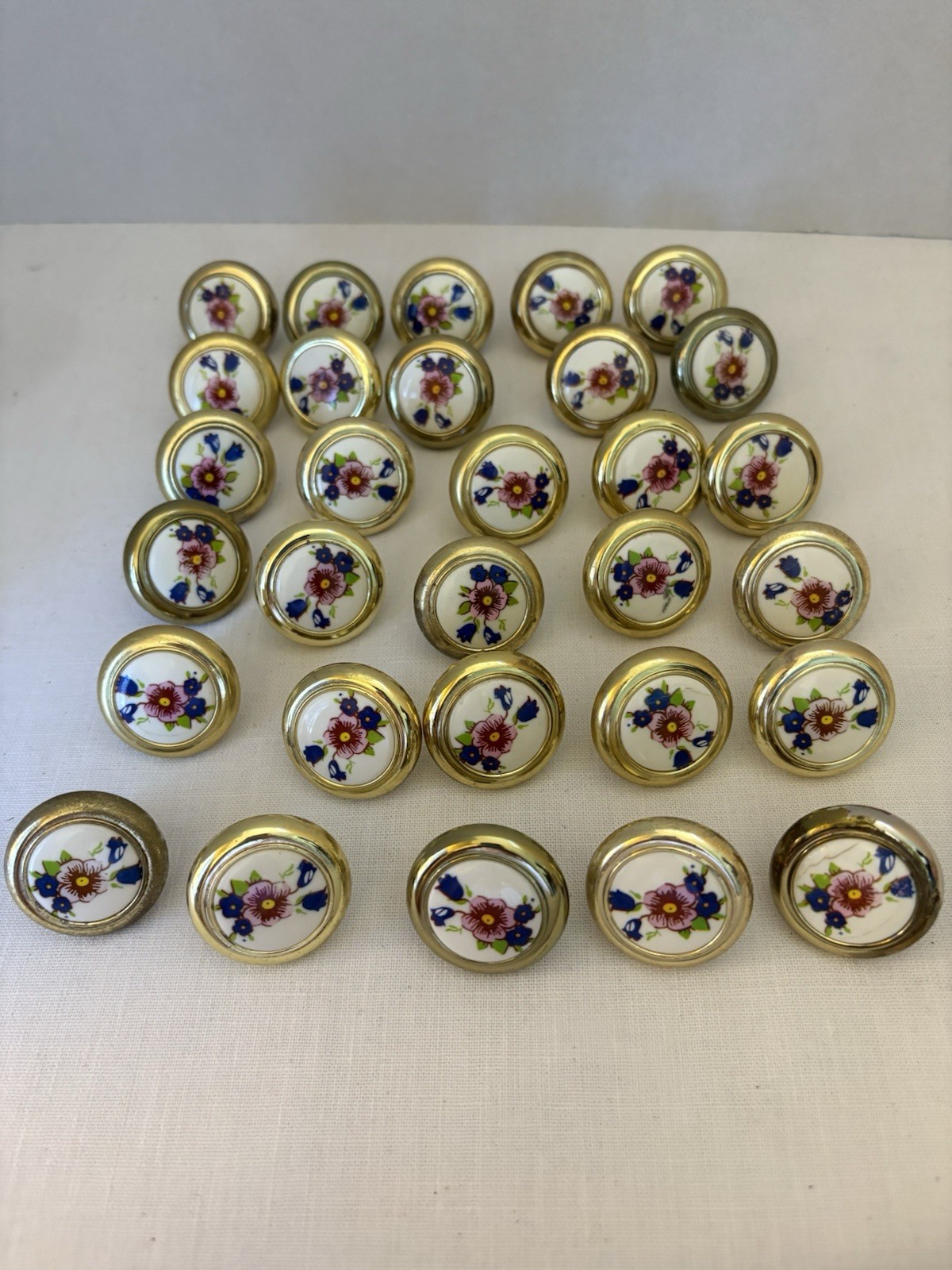 Amerock Brass and Porcelain Pink Blue Flower Drawer Knobs Set Of 30