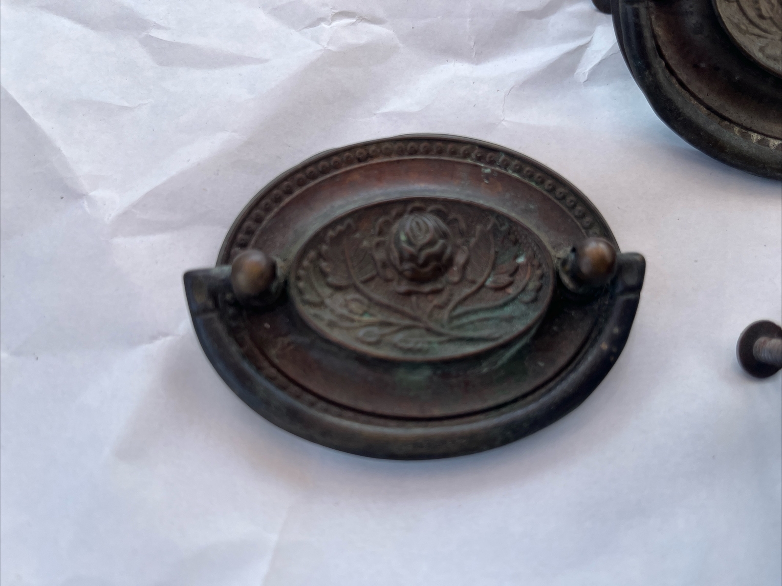3 Antique Vintage Metal Drawer Drop Bail Oval Rose Leaf Center