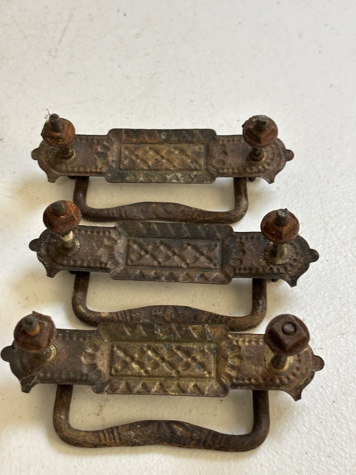 Antique Drop Bail Handles Drawer Dresser Ornate Brass Hardware 3”cc Set Of 3