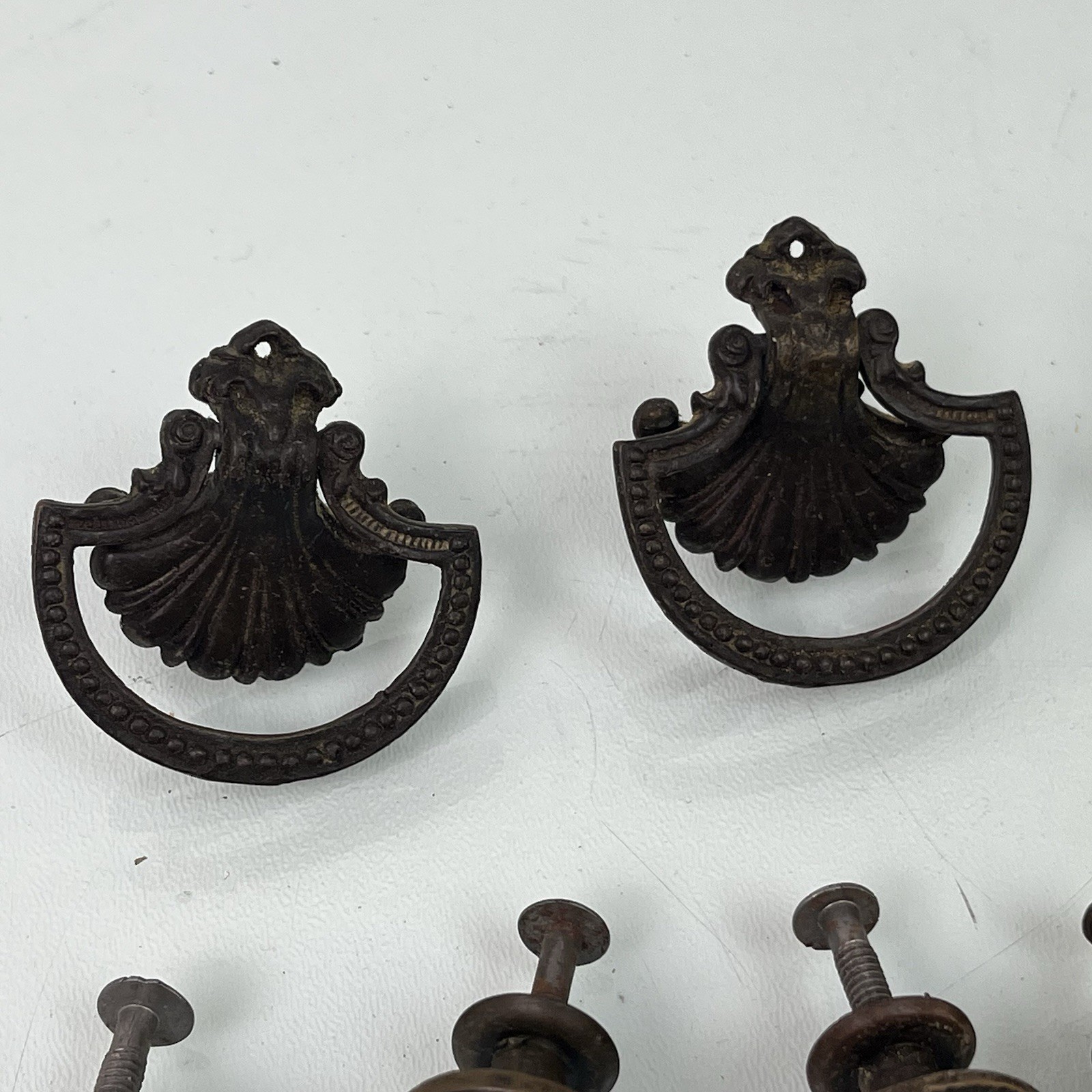 Vintage Victorian Art Nouveau Aged Brass Drawer Drop Pull Shell w/ Knobs LOT