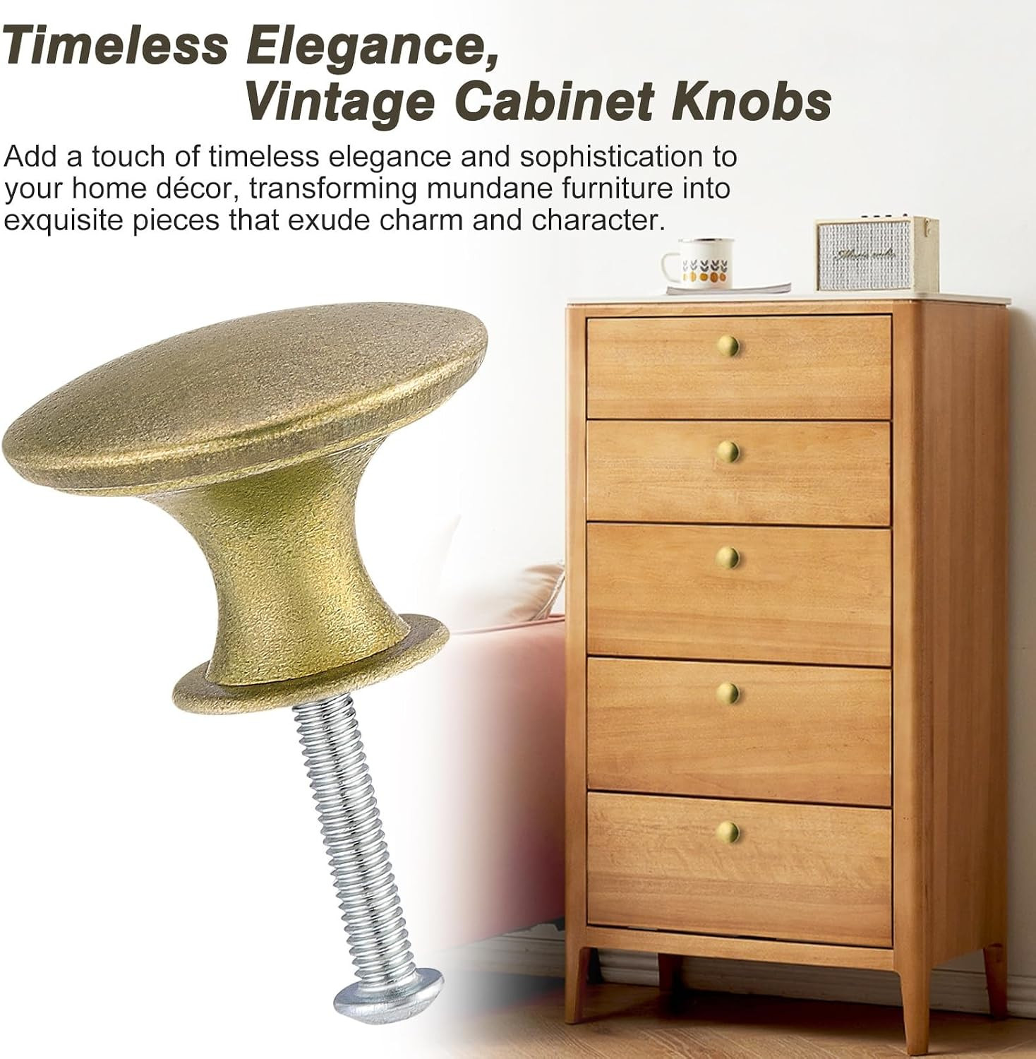 Vintage Cabinet Knobs, 10-Pack Round Drawer Pulls, Antique Brass