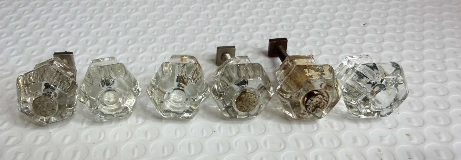 6 small Vintage Clear Glass Cabinet Pulls Knobs Antique Hexagon