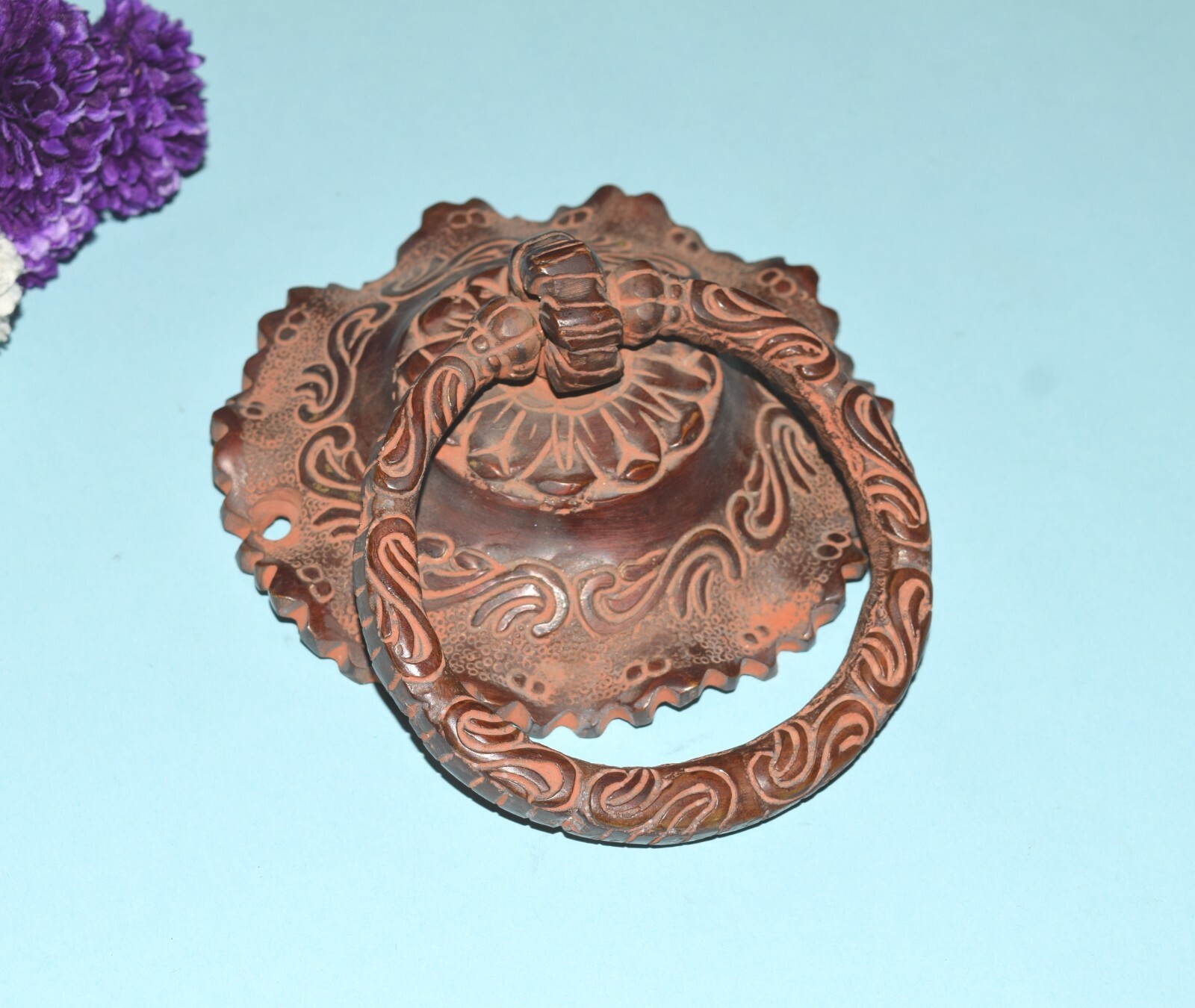 Brass Floral Engraved Door Pull Ornate Design Flower Base Art Gate Knocker EK951