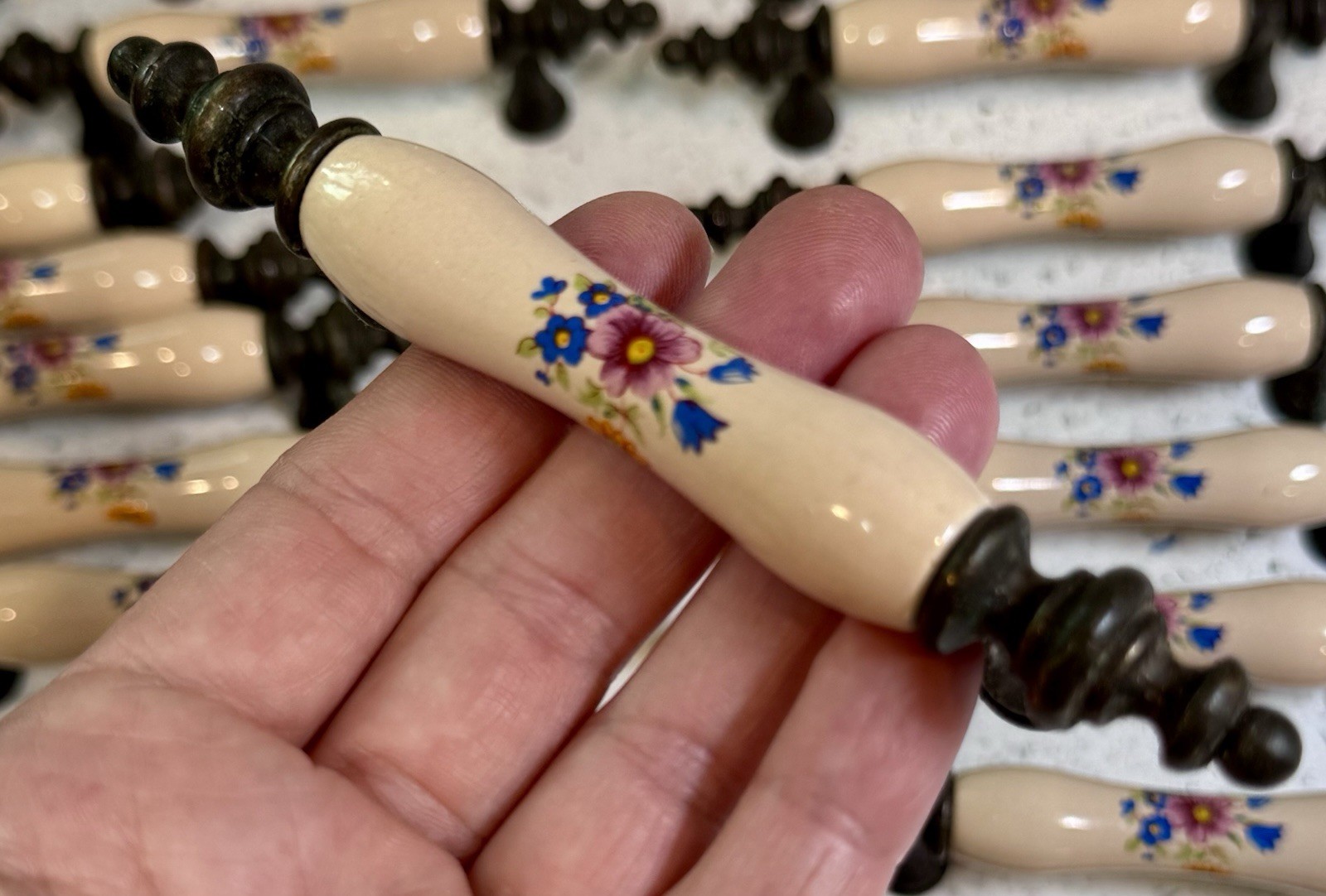 1960’s Vintage Antique Brass Ceramic Floral Drawer Cabinet Pull Handle Set of 28