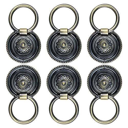 6pcs Cabinet Knobs, Drop Ring Drawer Pulls Round Dresser Knobs Antique Bronze