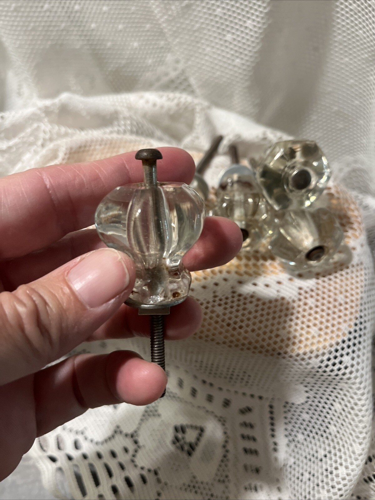 5 Vintage Antique Clear Glass Hexagon Dresser Drawer Cabinet Pulls Knob 1 1/2″