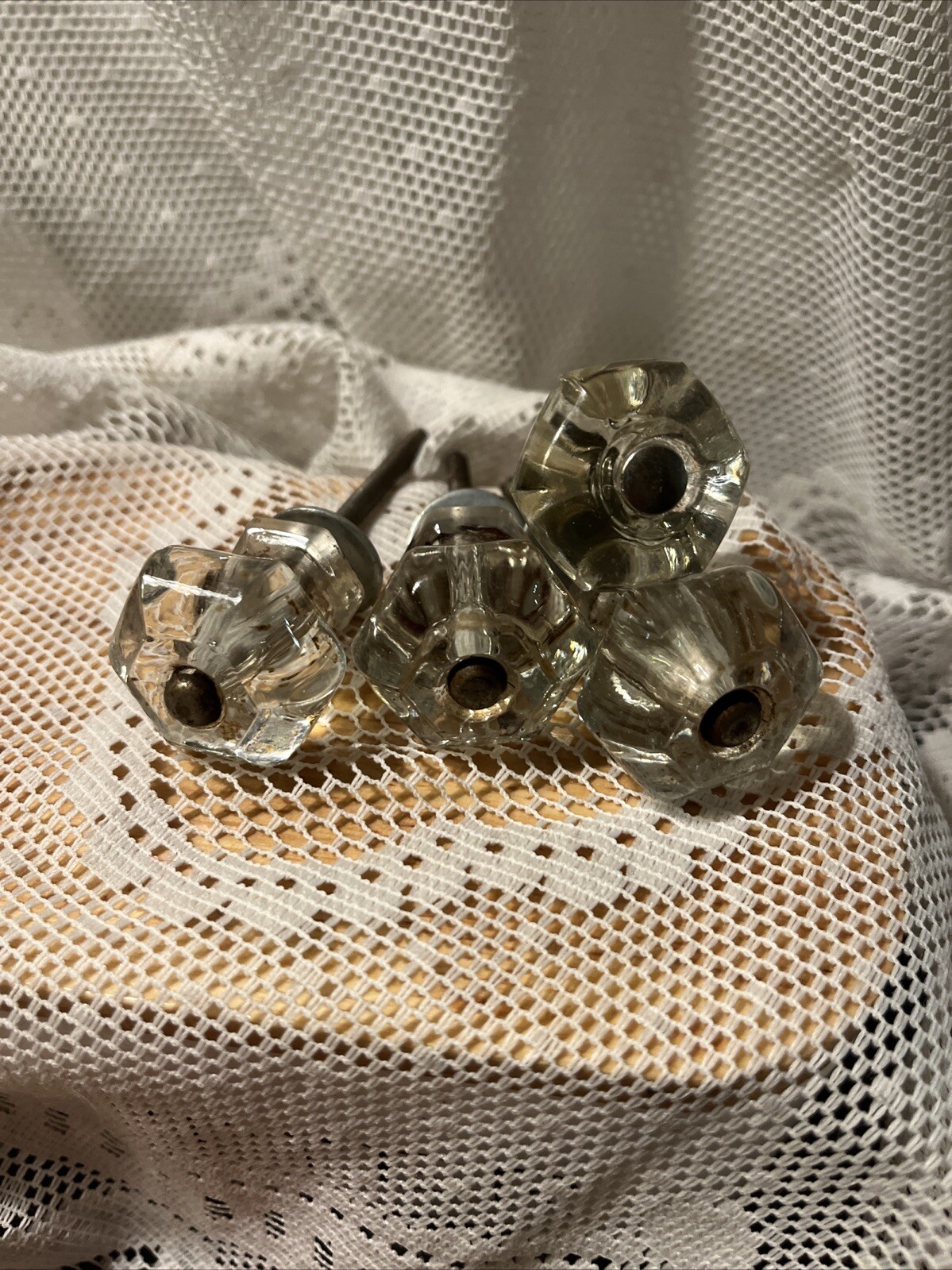 5 Vintage Antique Clear Glass Hexagon Dresser Drawer Cabinet Pulls Knob 1 1/2″