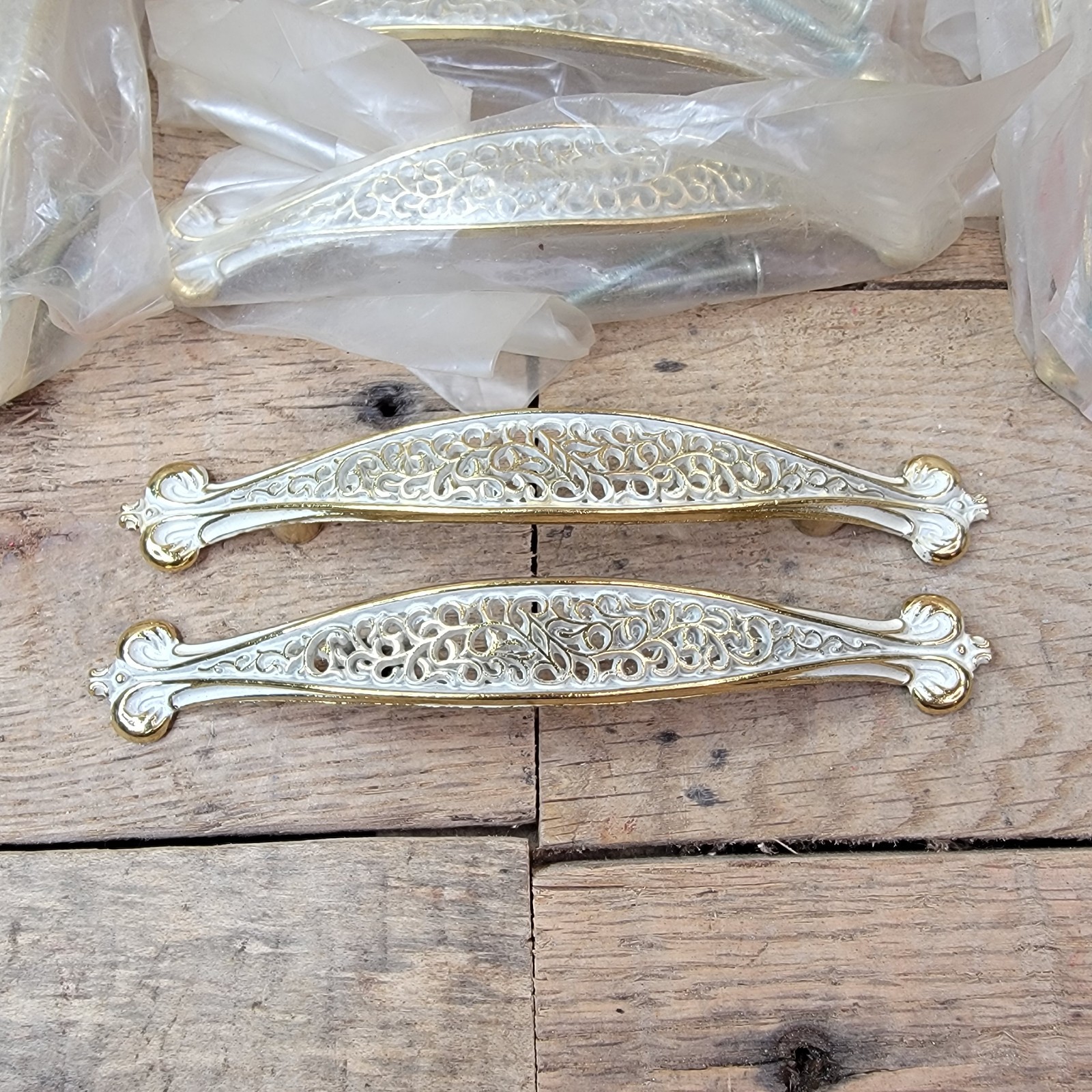 8 Vintage French Provincial Drawer Pulls White Gold Cabinet Handles NOS