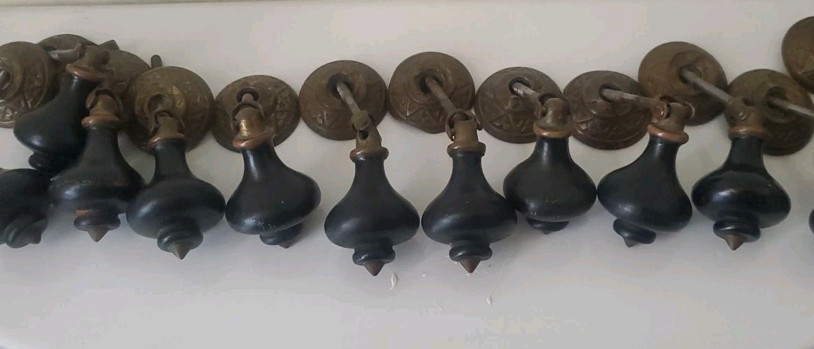 Atq Victorian Eastlake Teardrop Drawer Pulls Set 12 Black Wood & Metal + Extras