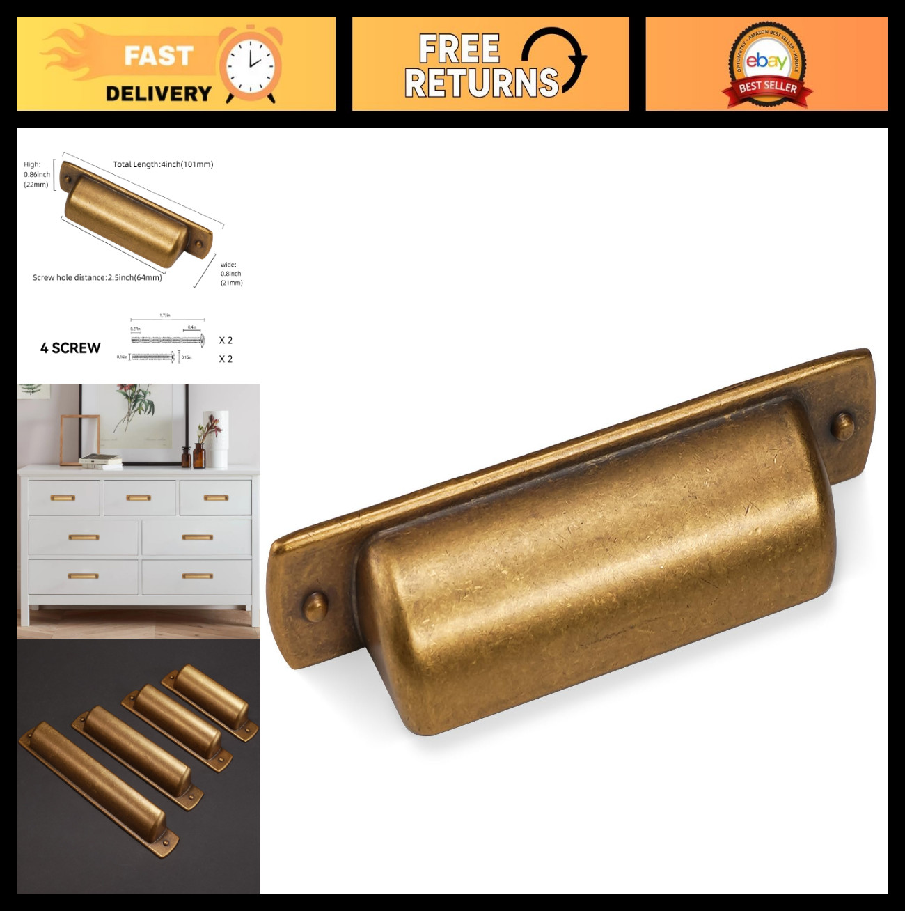 10 Pack 2.5″ Antique Brass Cabinet Handles – Vintage Drawer Cup Pulls, Aged Gold