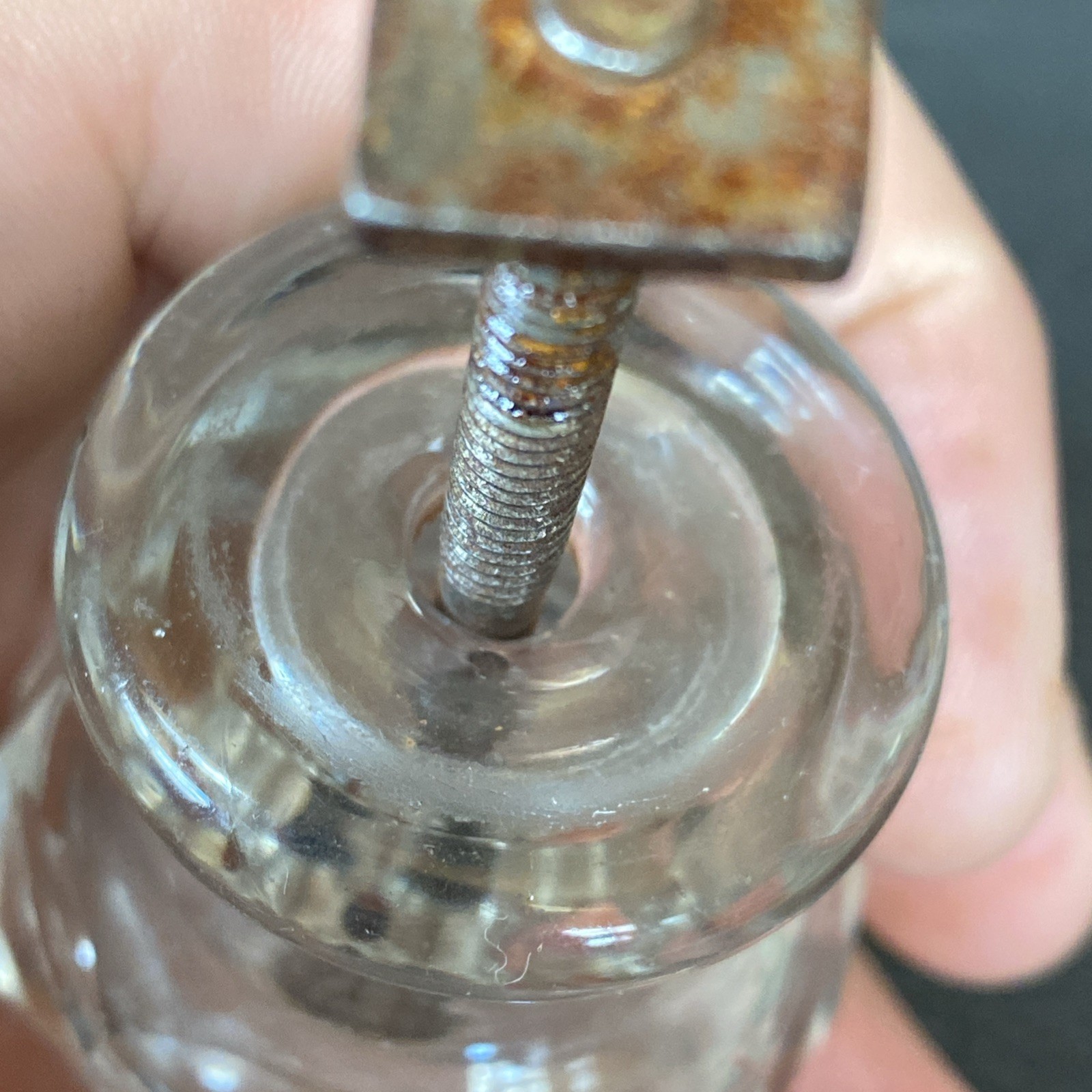 Faceted 1.75”x1-5/8” Antique Pressed Clear Glass Sandwich Drawer Pull Post Bolt