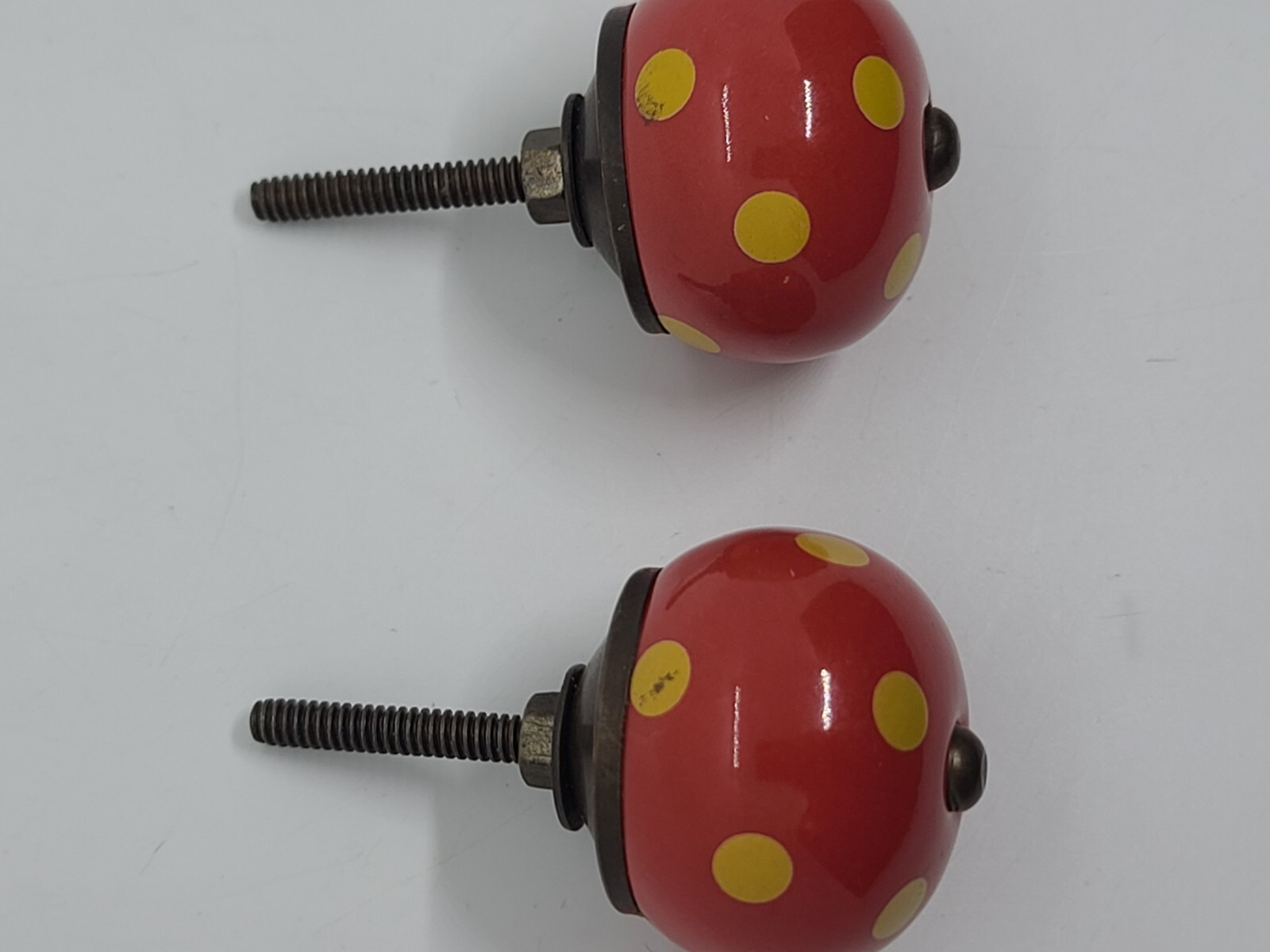Antique Pair Red Round Porcelain with Yellow Spots Drawer Cabinet Pull Handles