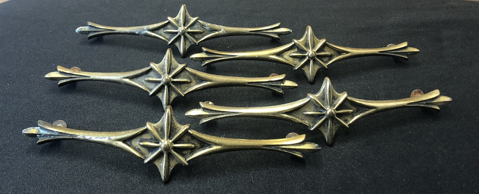 5 Vintage ATOMIC STARBURST MID CENTURY BRASS HANDLES DRAWER PULLS WITH SCREWS
